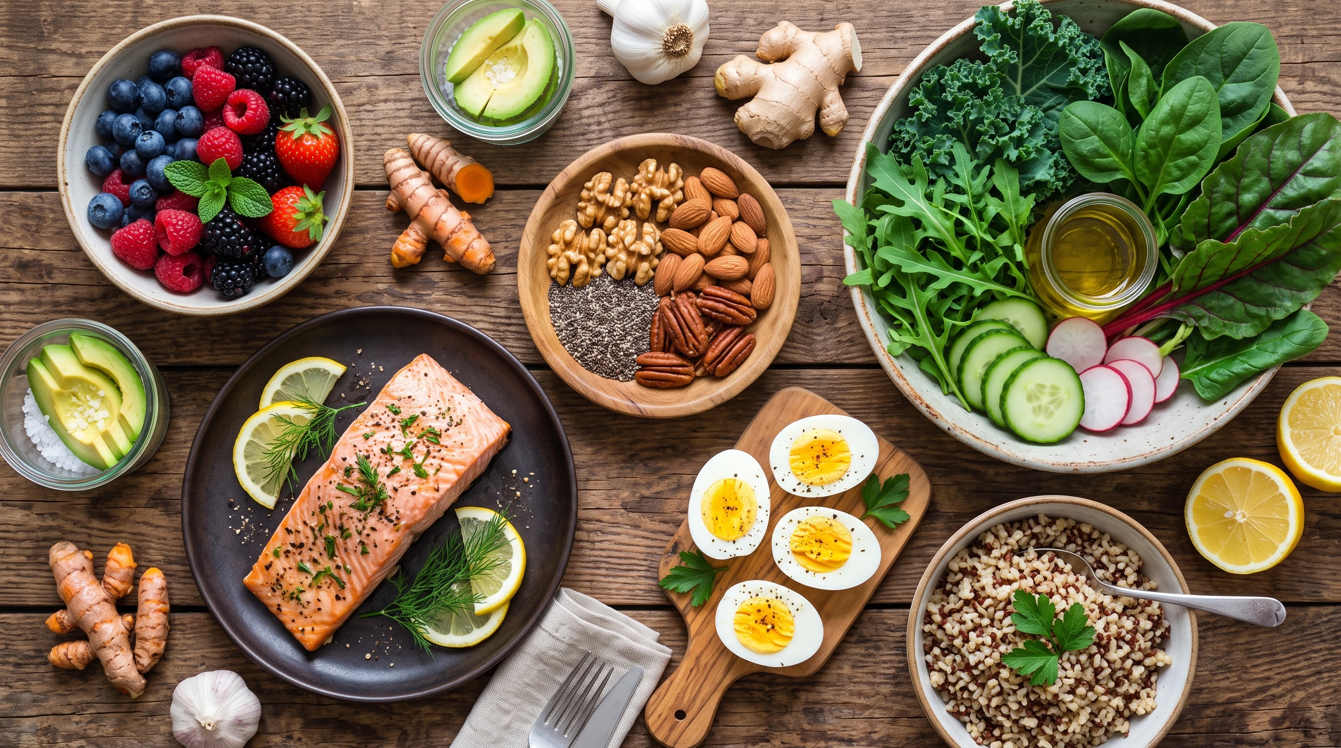 A colourful spread of berries, leafy greens, salmon, nuts, eggs and wholegrains arranged on a rustic wooden table, photographed from above