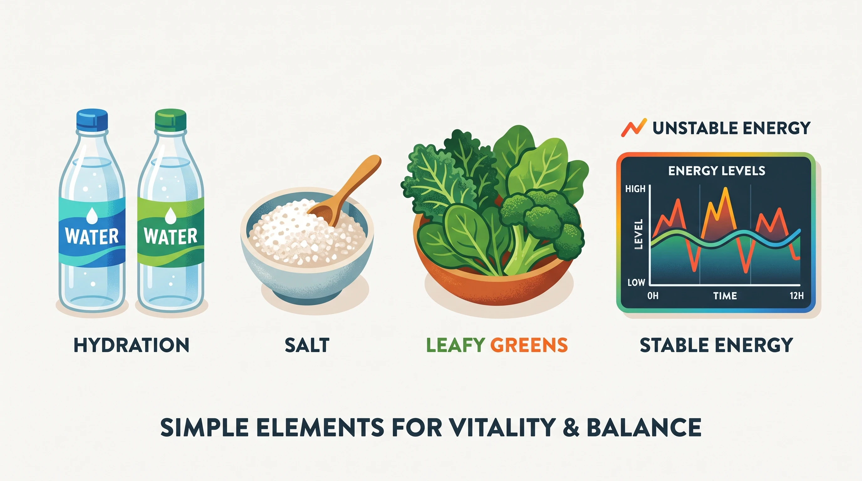 A simple graphic showing bottles of water, a bowl of salt, and a chart with fluctuating energy levels.