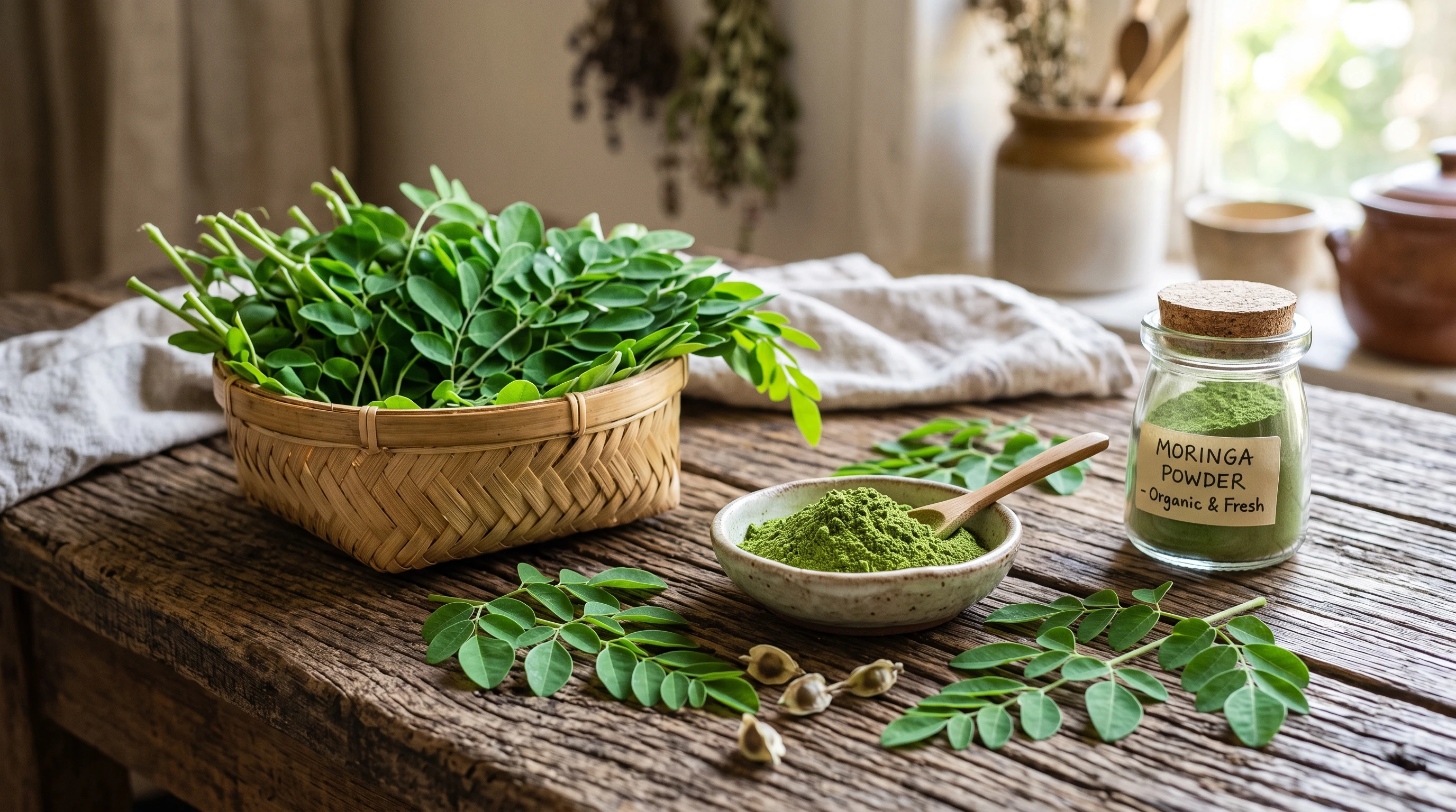 Fresh moringa leaves and powder on a rustic wooden table.