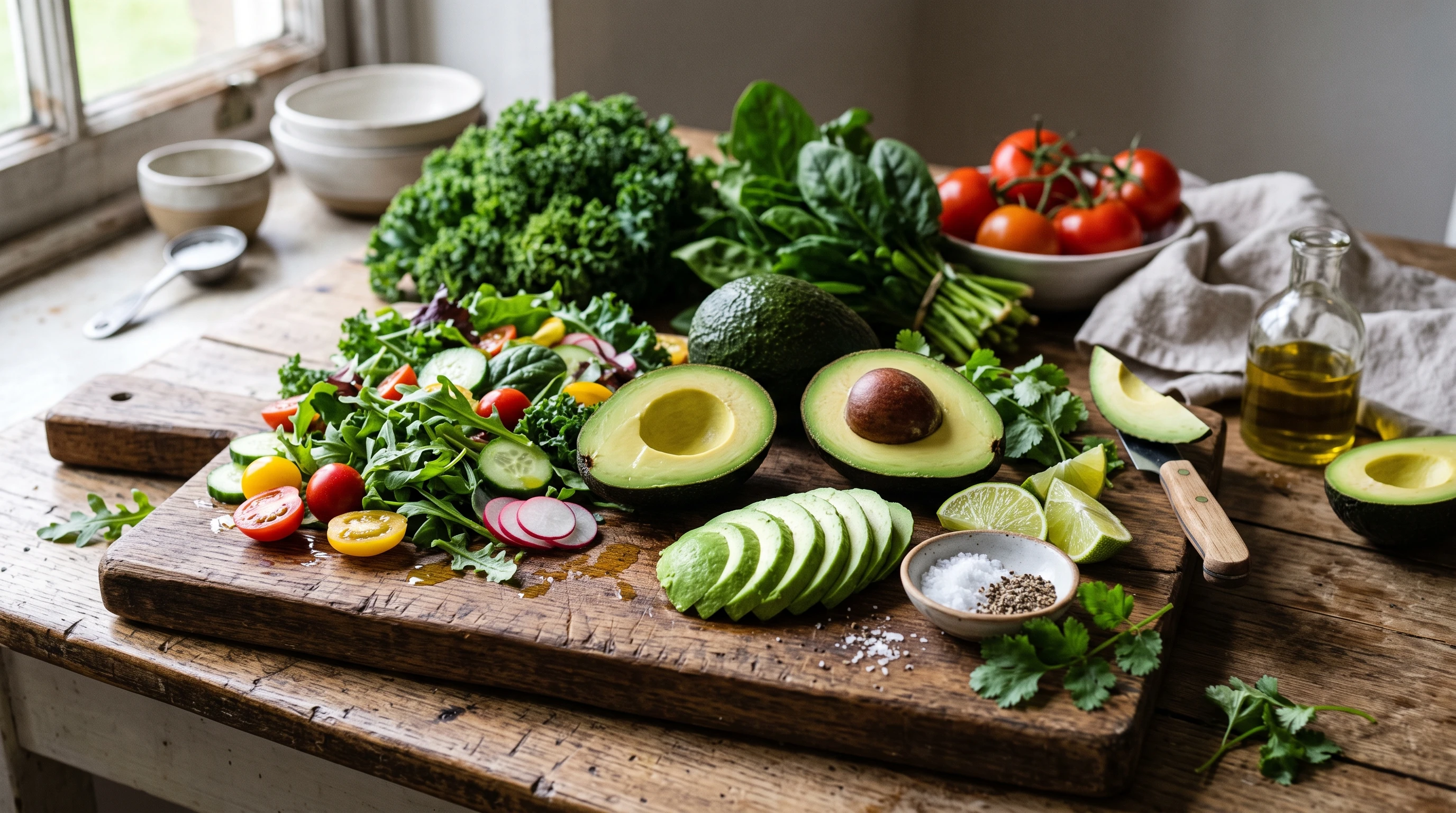 Fresh avocados sliced open on a rustic wooden cutting board surrounded by leafy greens and vegetables.