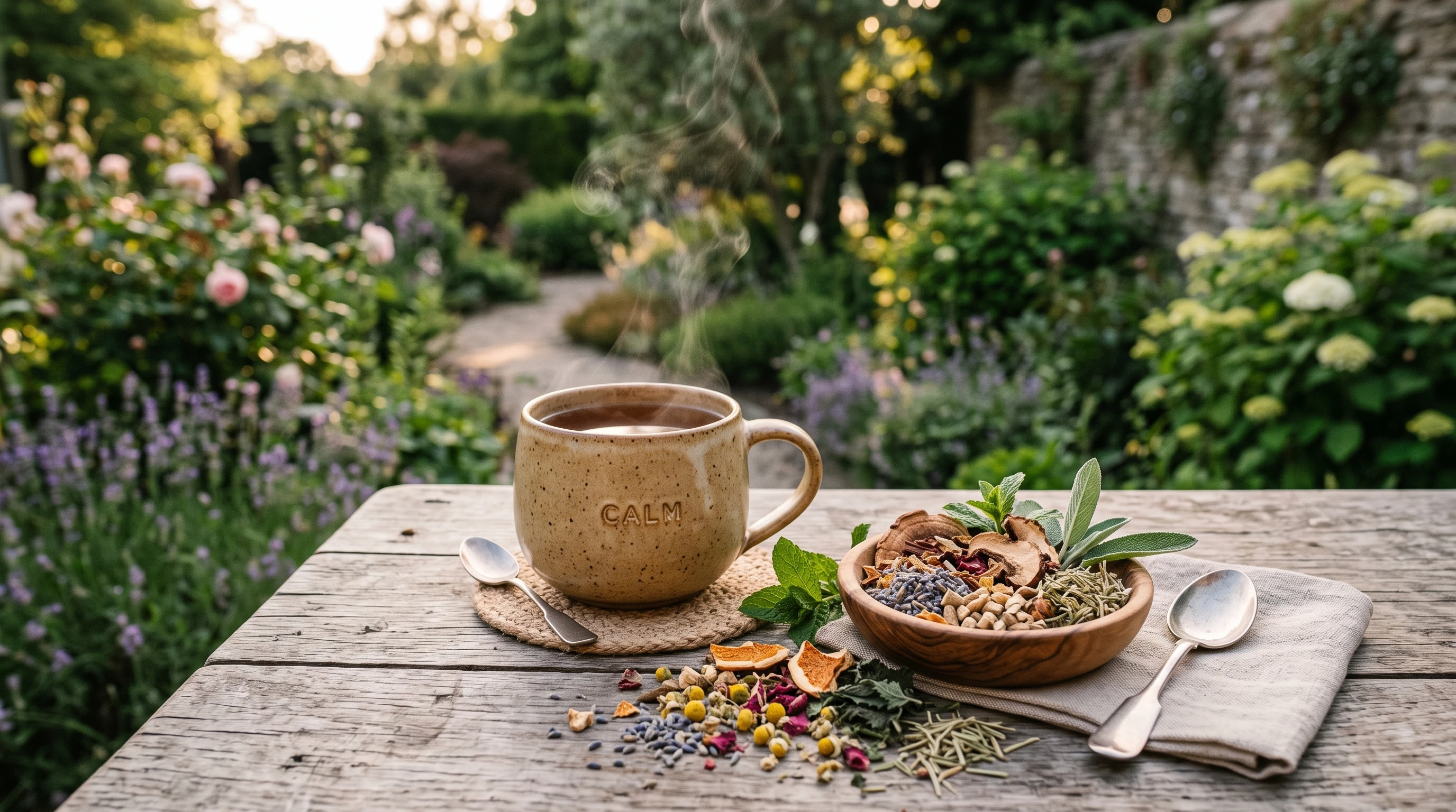 A calming herbal tea blend with adaptogenic herbs, dried roots, and greenery on a wooden table next to a steaming mug and a peaceful garden background.
