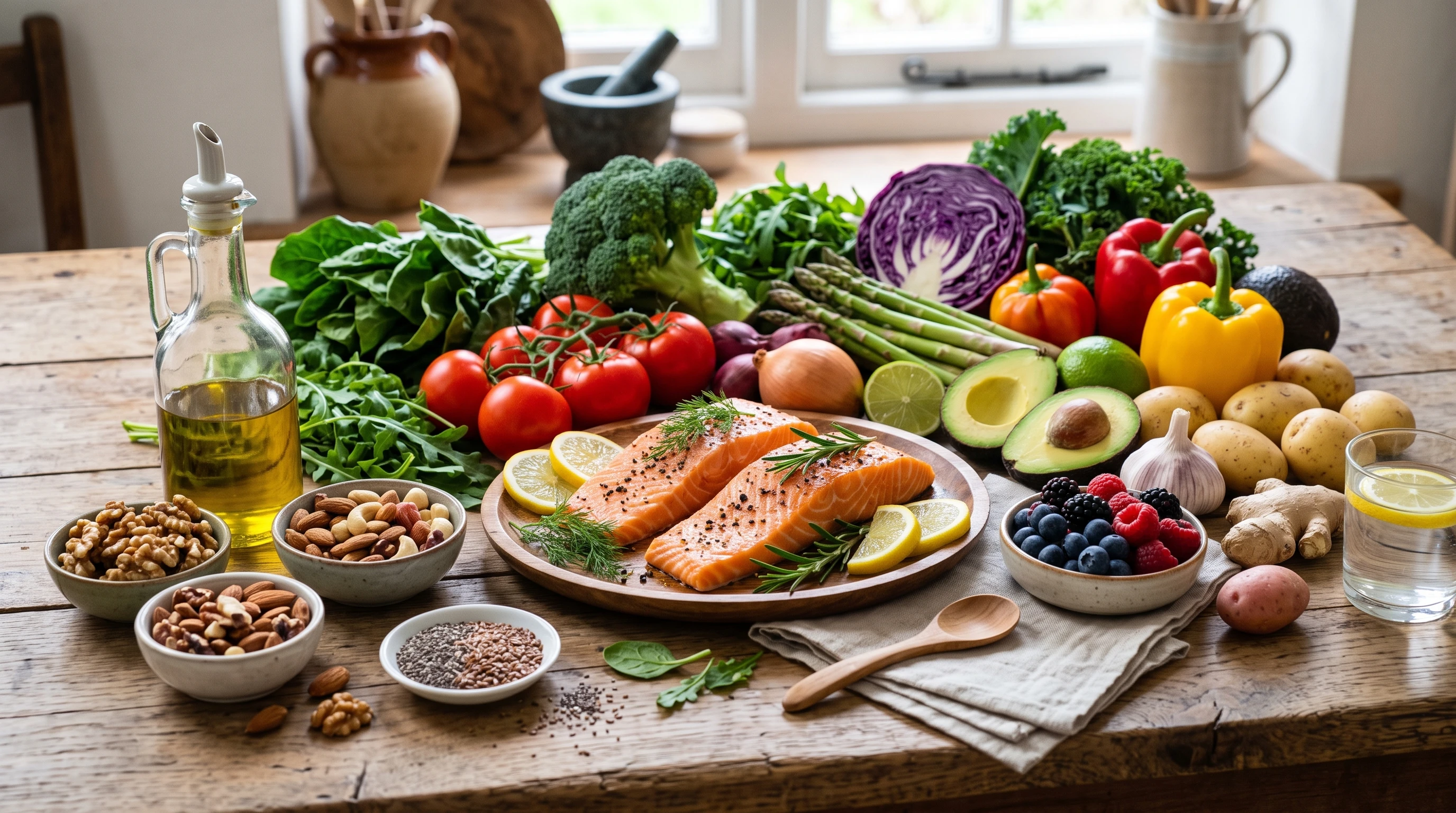 Colourful arrangement of fresh fruit, vegetables, olive oil, nuts, and fish on a wooden table, representing an anti inflammatory diet.