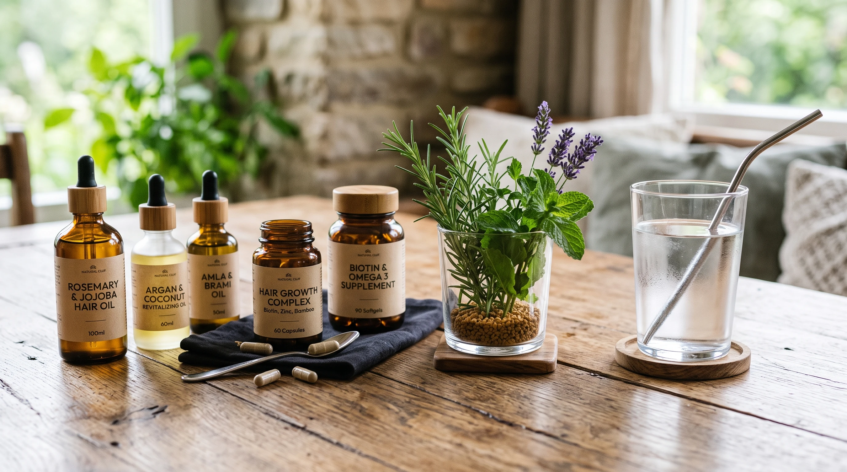 A variety of natural hair oils and supplements next to fresh herbs and a glass of water on a wooden surface.