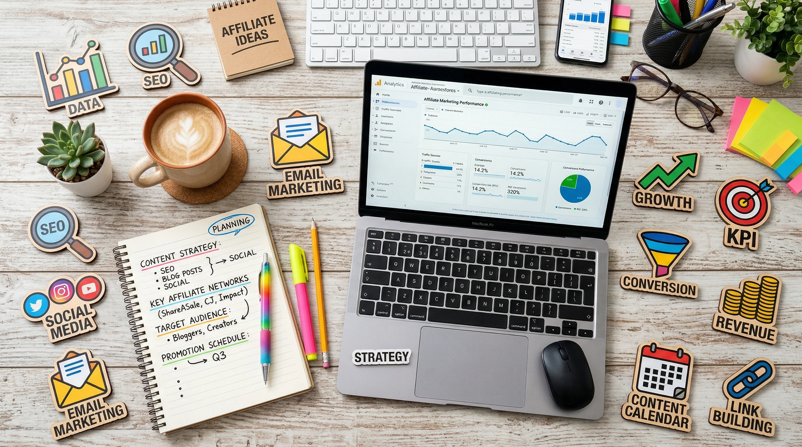 A flat lay of a laptop, notepad, coffee, and digital analytics icons, representing content marketing strategy planning.