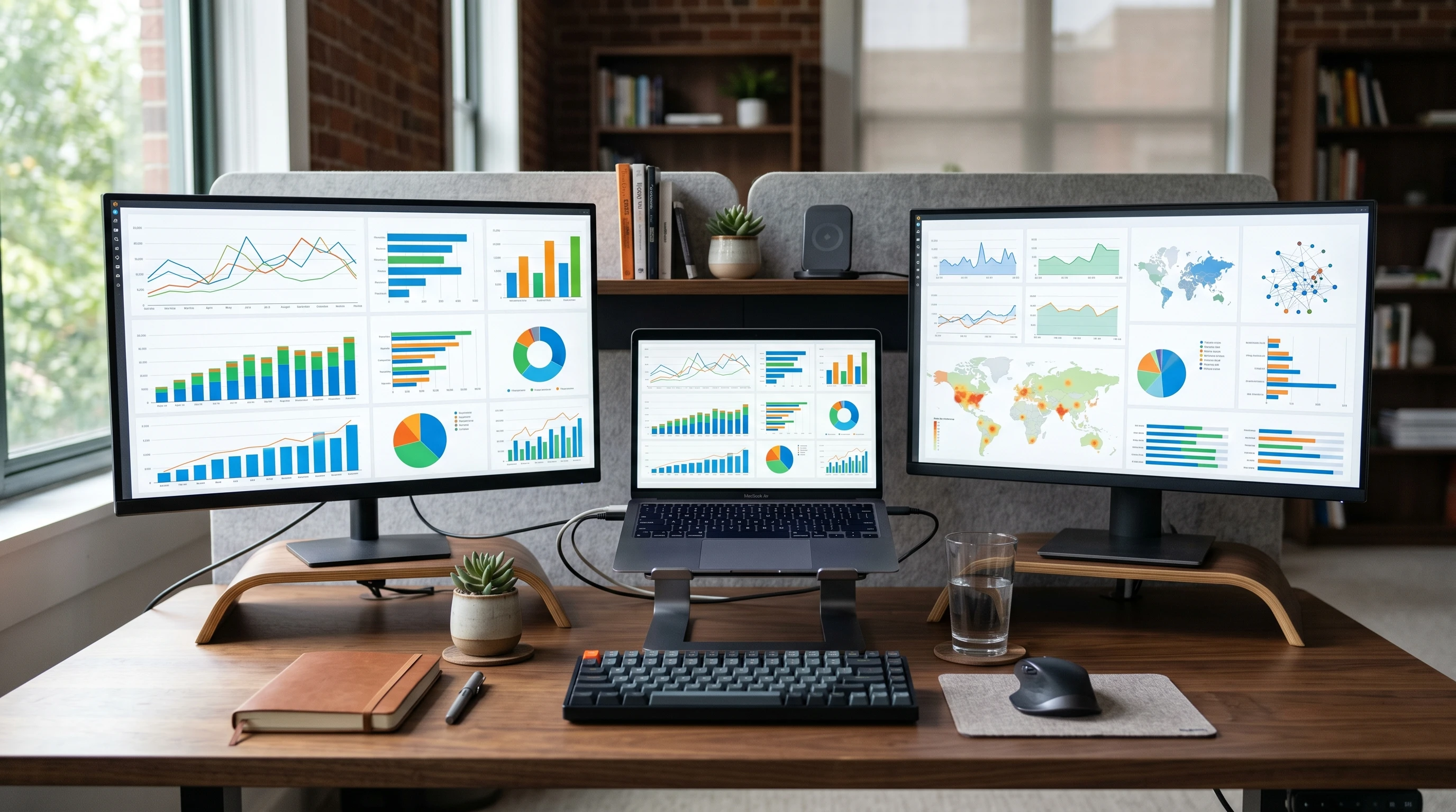 Stack of comparison tables and affiliate program data, colorful charts, and digital analytics dashboards in a modern workspace, without text or humans
