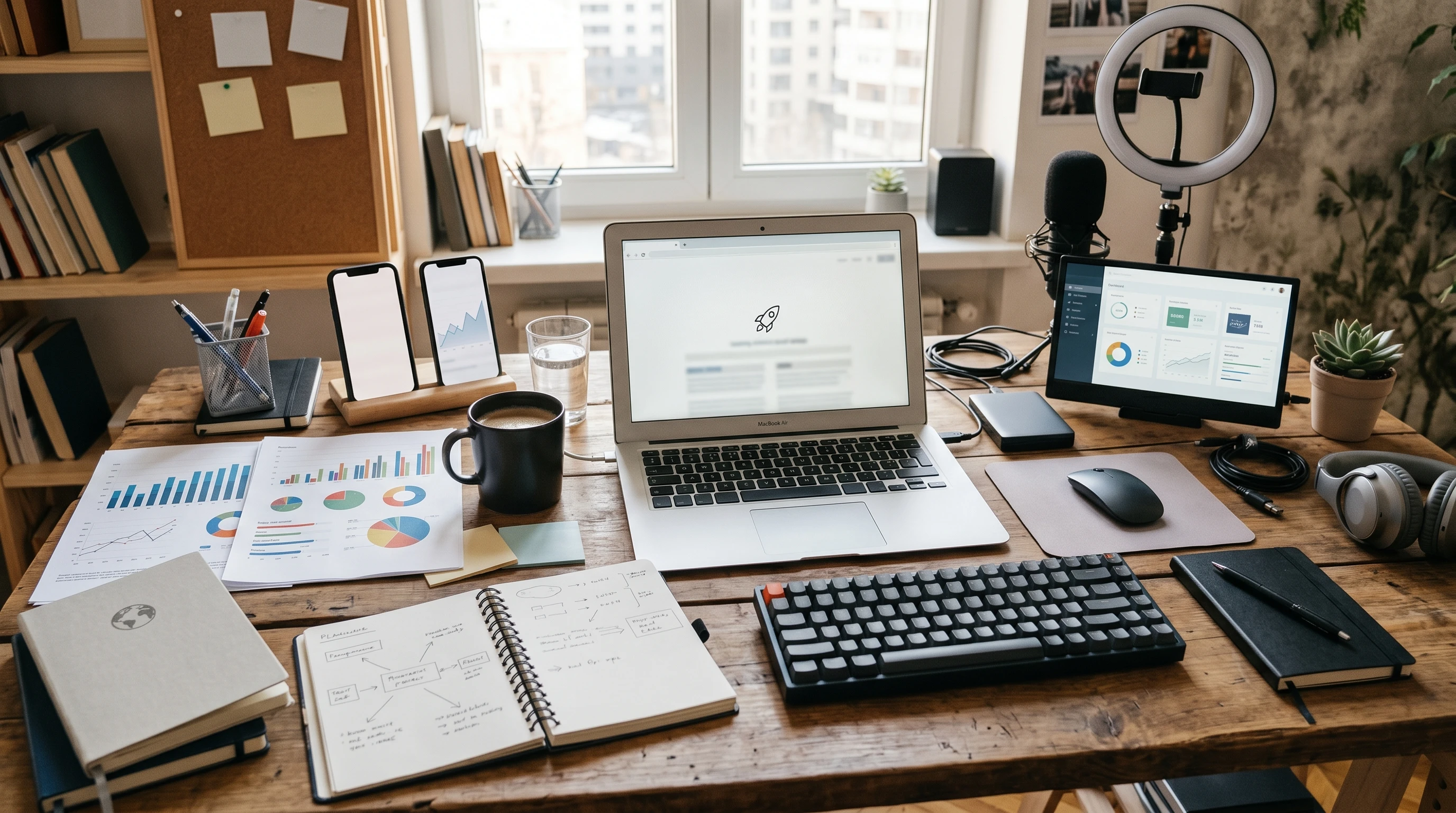 A flat lay of a laptop, notebook, and affiliate marketing charts.