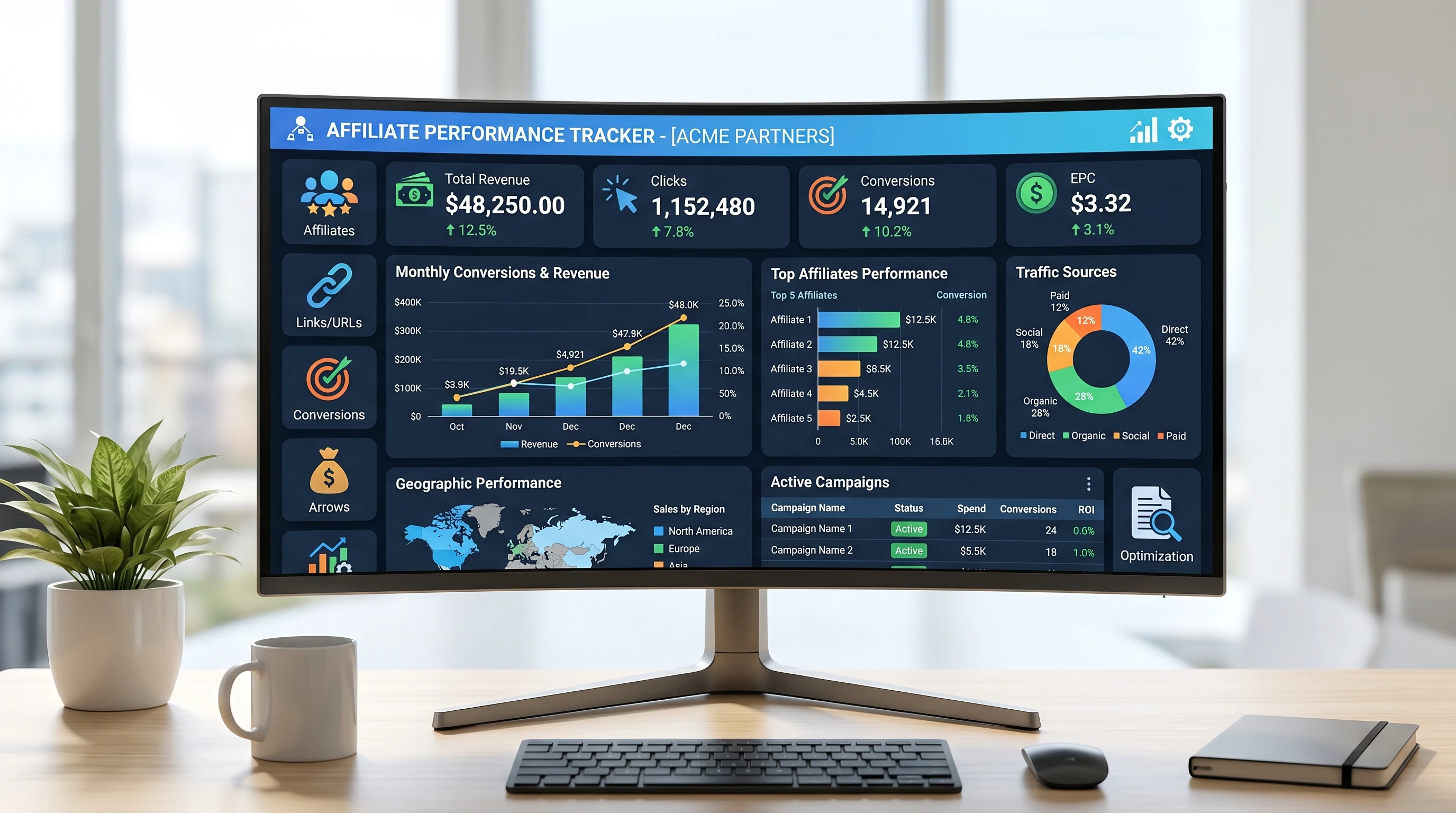 A dashboard with charts, spreadsheets, and affiliate links visuals