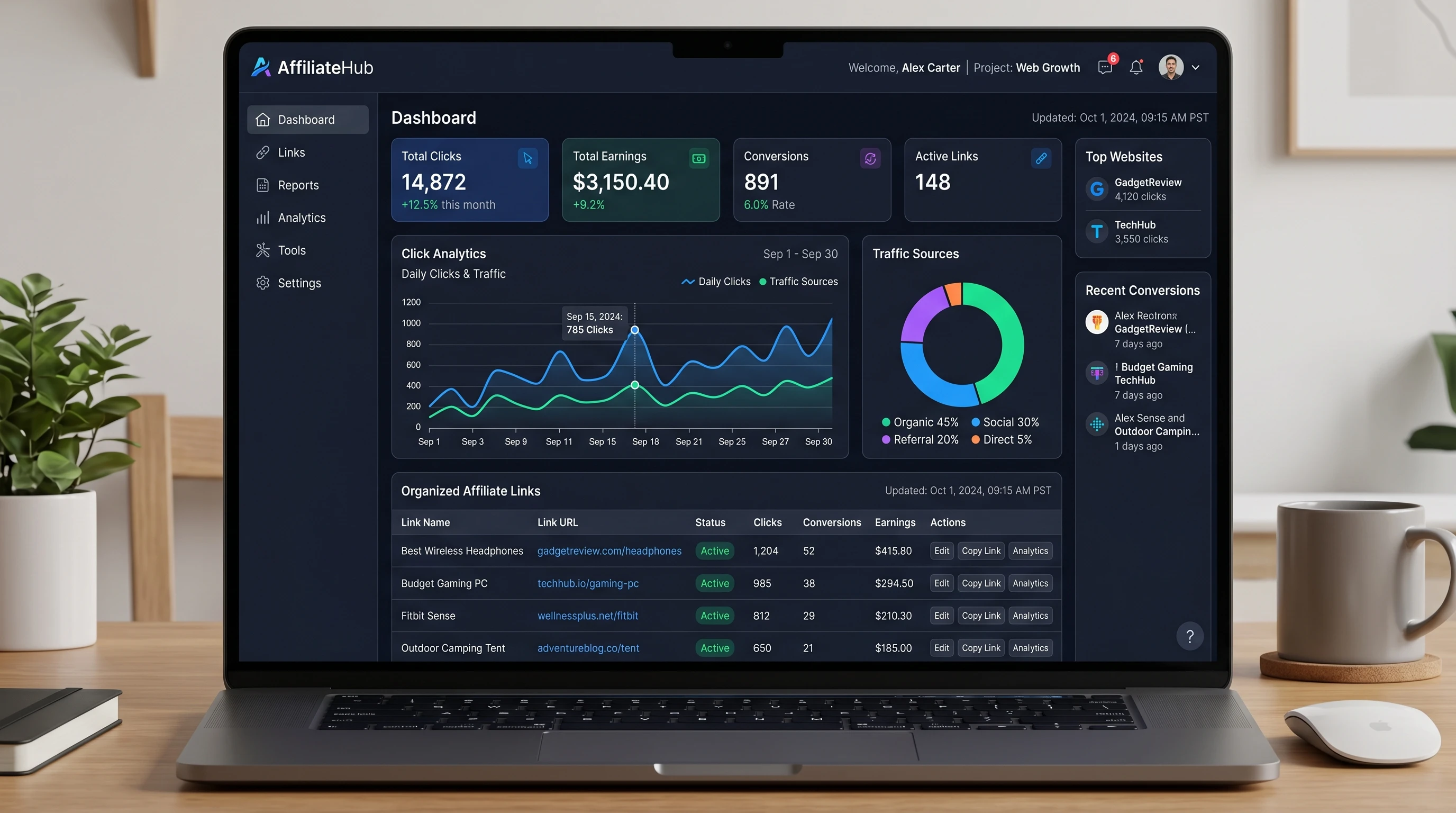A tidy digital dashboard showing organized affiliate links, graphs, and click analytics for websites.