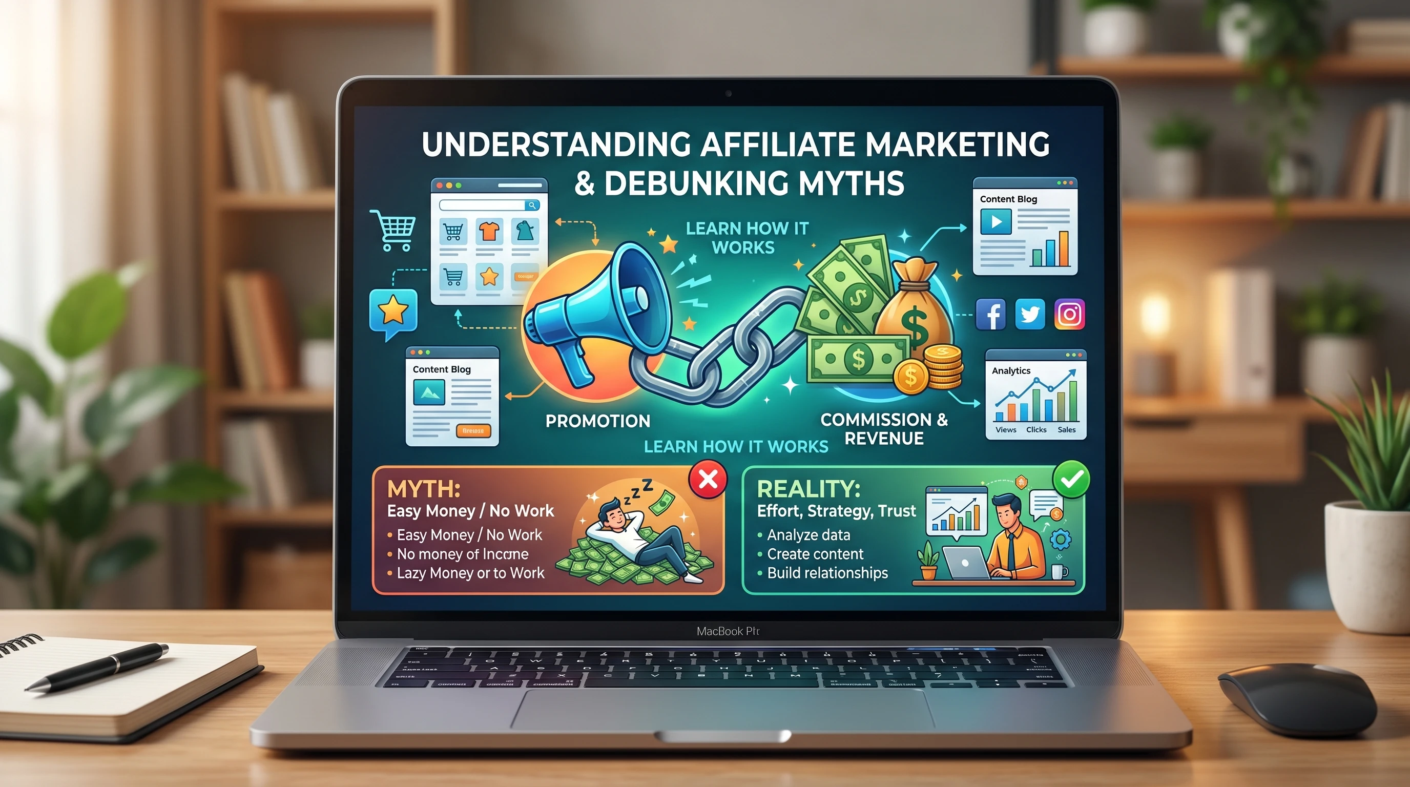 Illustration showing a laptop, megaphone, and interconnected links, symbolizing affiliate marketing myths.