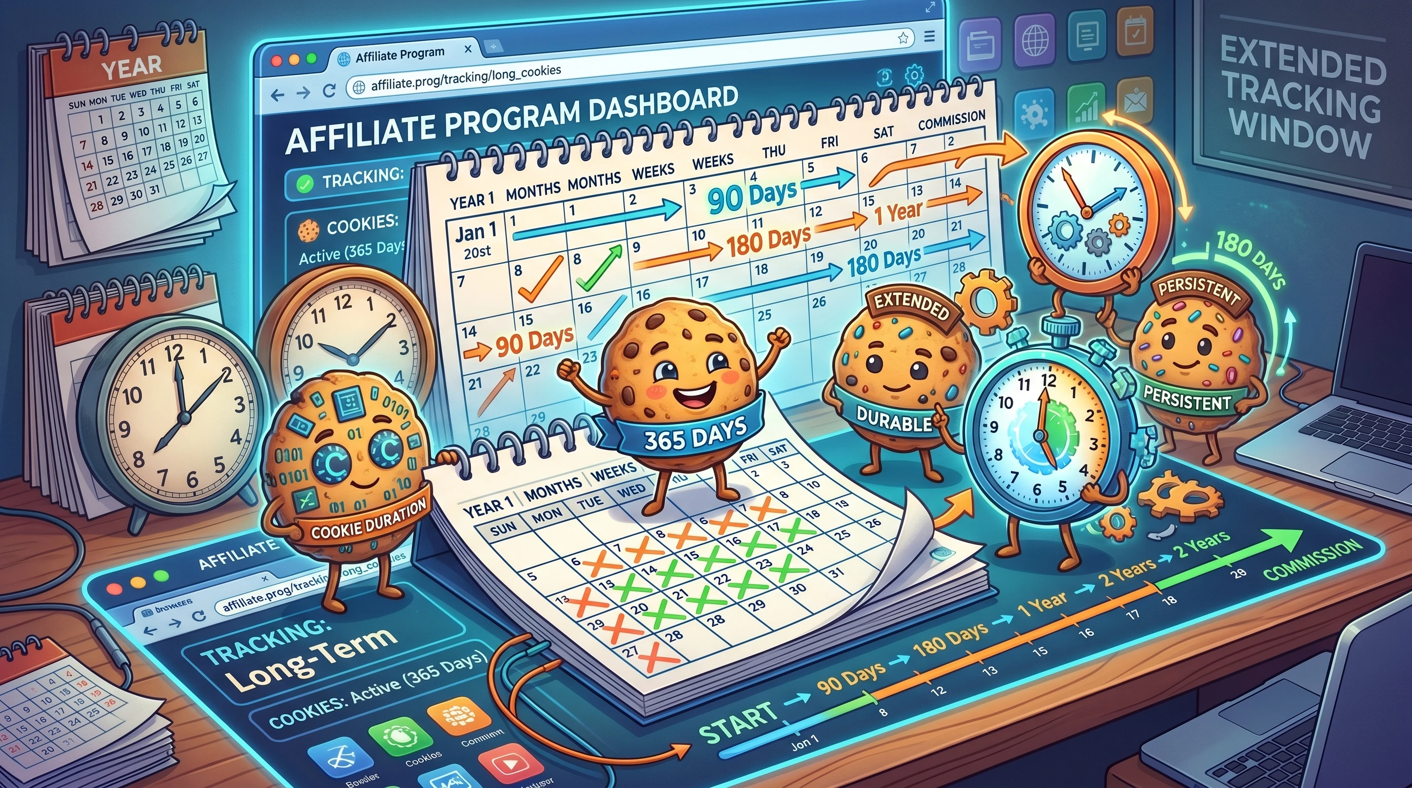 A collection of digital cookies with calendar icons, representing long affiliate cookie durations.
