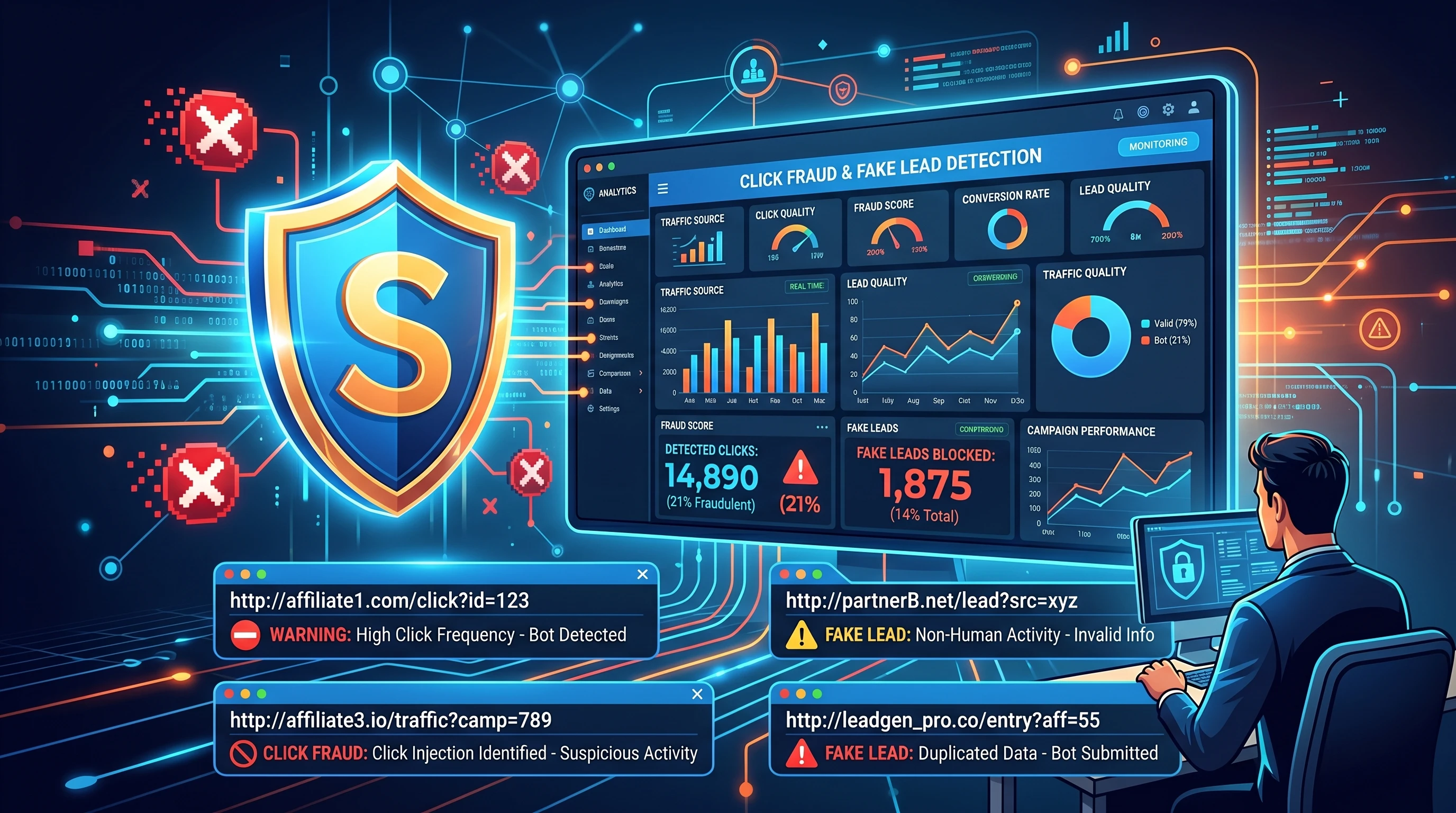 Illustration of digital security measures, analytics charts, and browser windows showing patterns that could indicate fraud