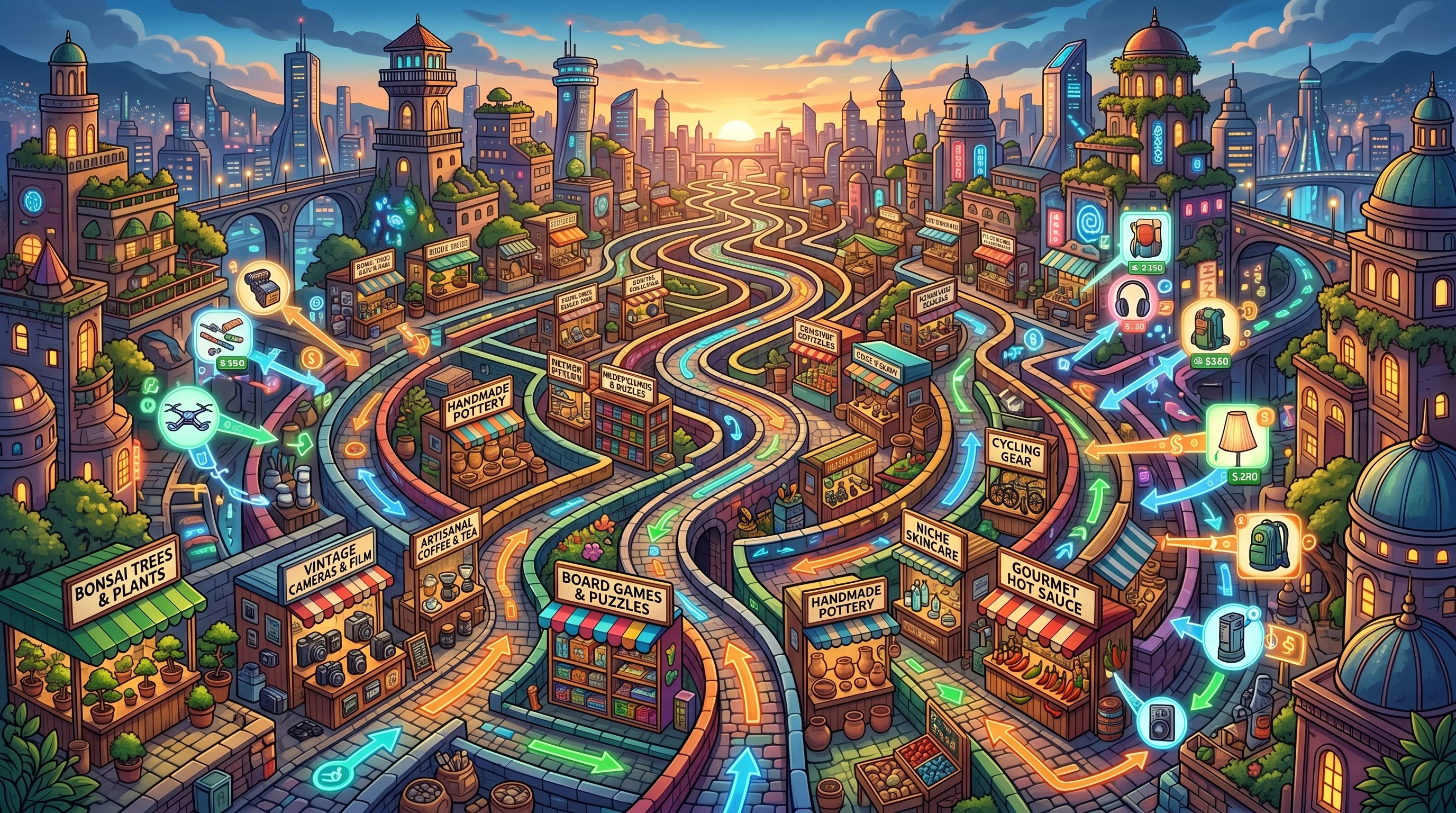 Colorful infographic showing niche markets, affiliate links, and digital competition