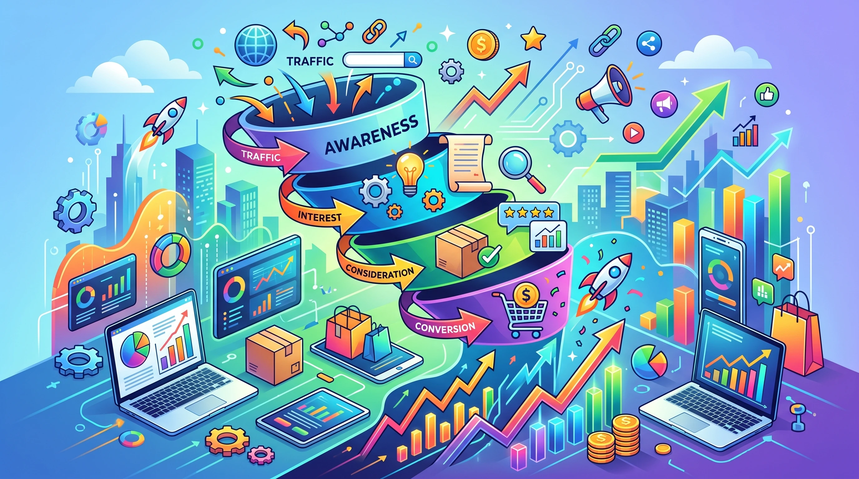 Illustration of a website conversion funnel with arrows and icons representing growth and improved results