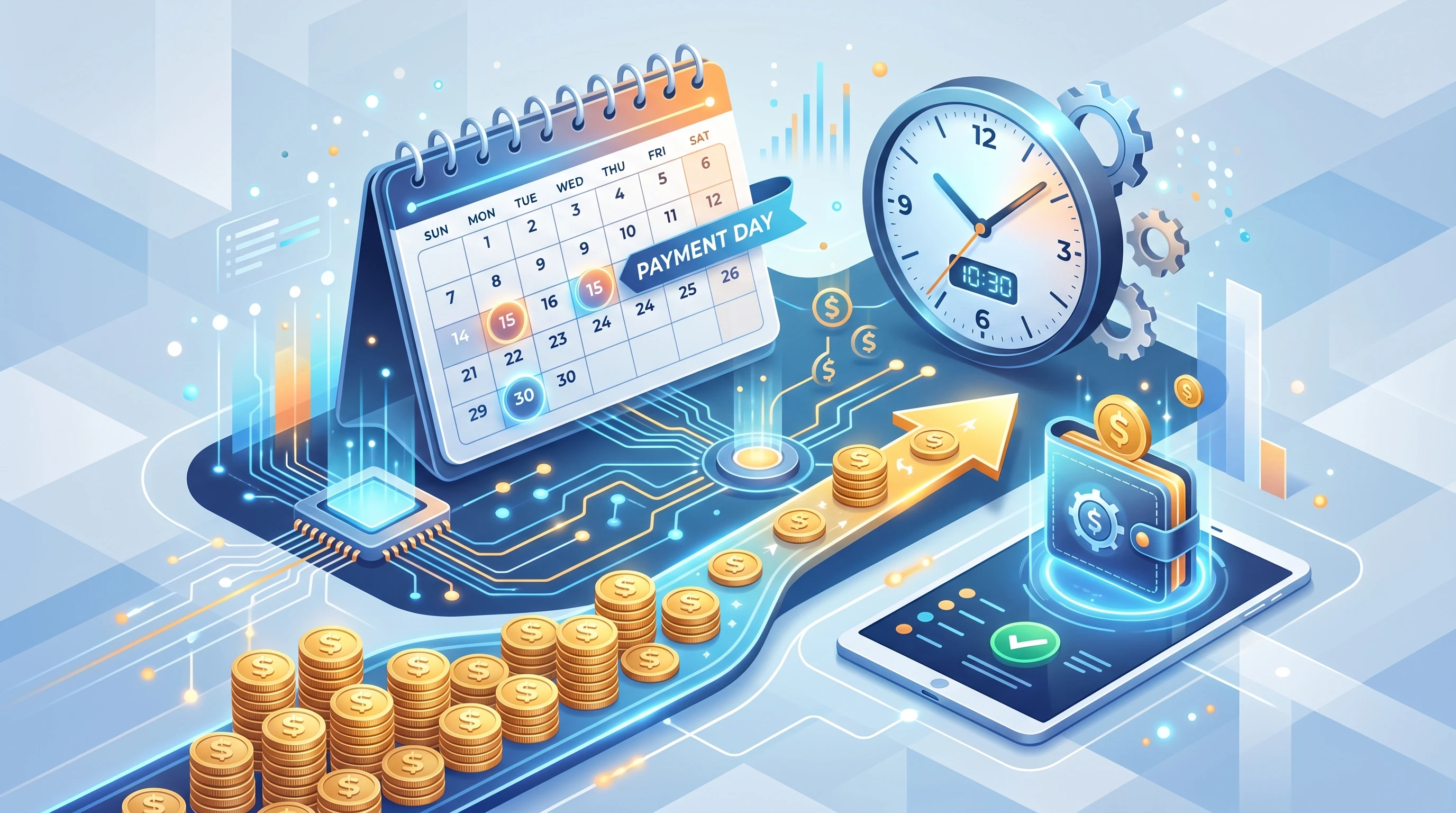 A conceptual image of a digital payout process, featuring a stylized calendar, coin stacks, and a clock to represent time and money.