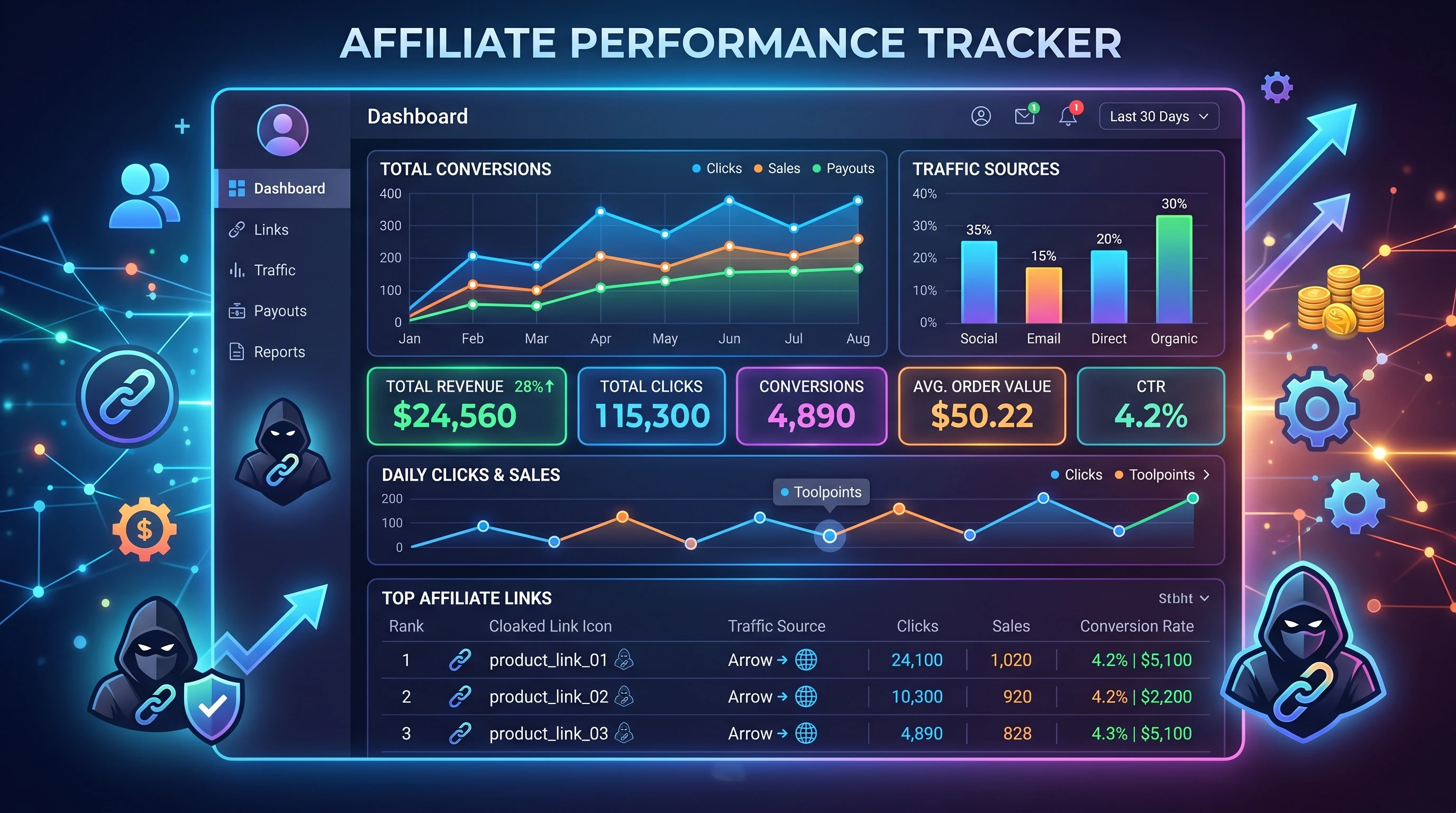 A stylized digital dashboard showing affiliate link clicks and tracking analytics.
