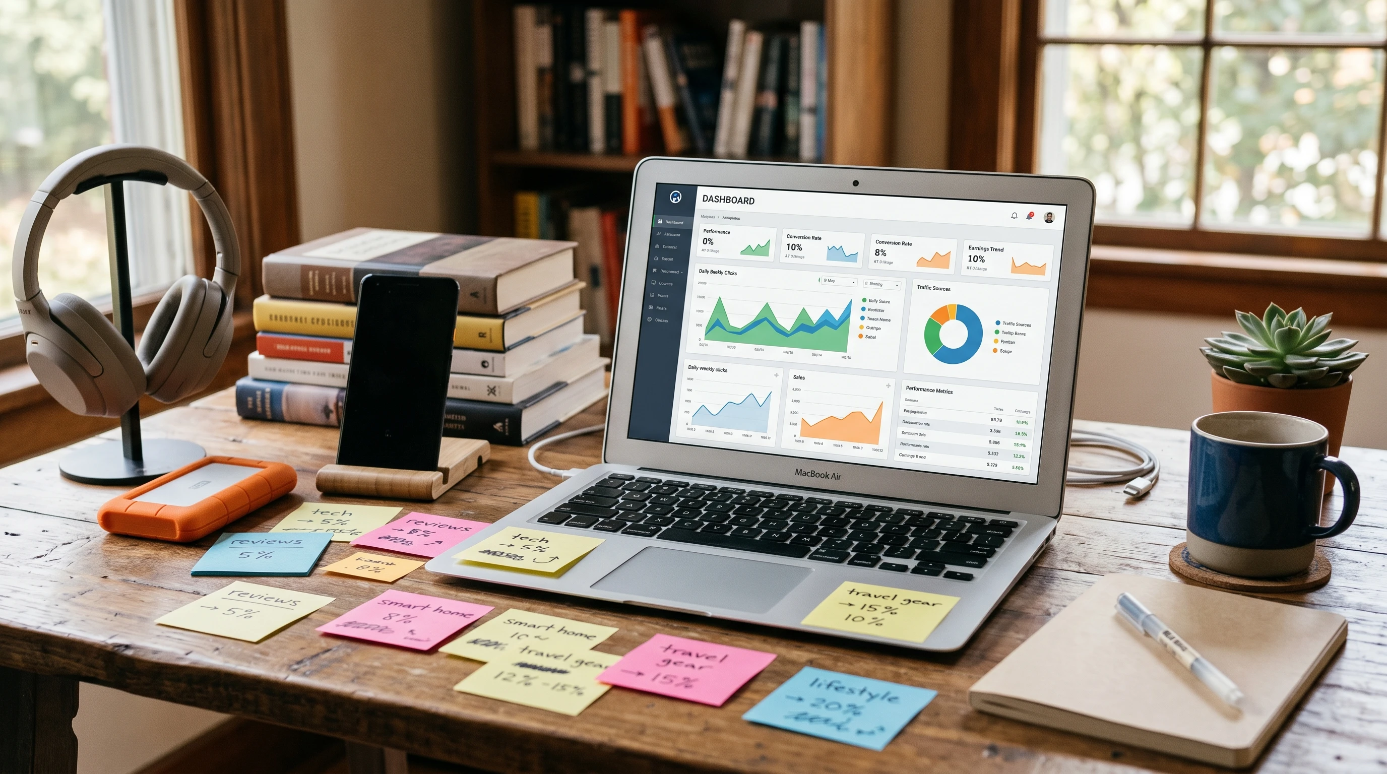 A selection of digital and physical products, such as earbuds, a software dashboard on a laptop, and gadgets, arranged on a table for affiliate marketing research.