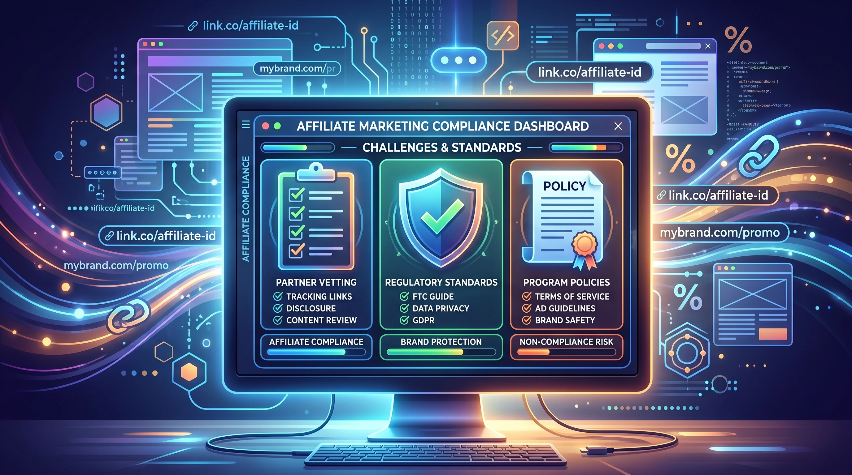 Illustration of policy and compliance icons, digital checklists, and web browser graphics