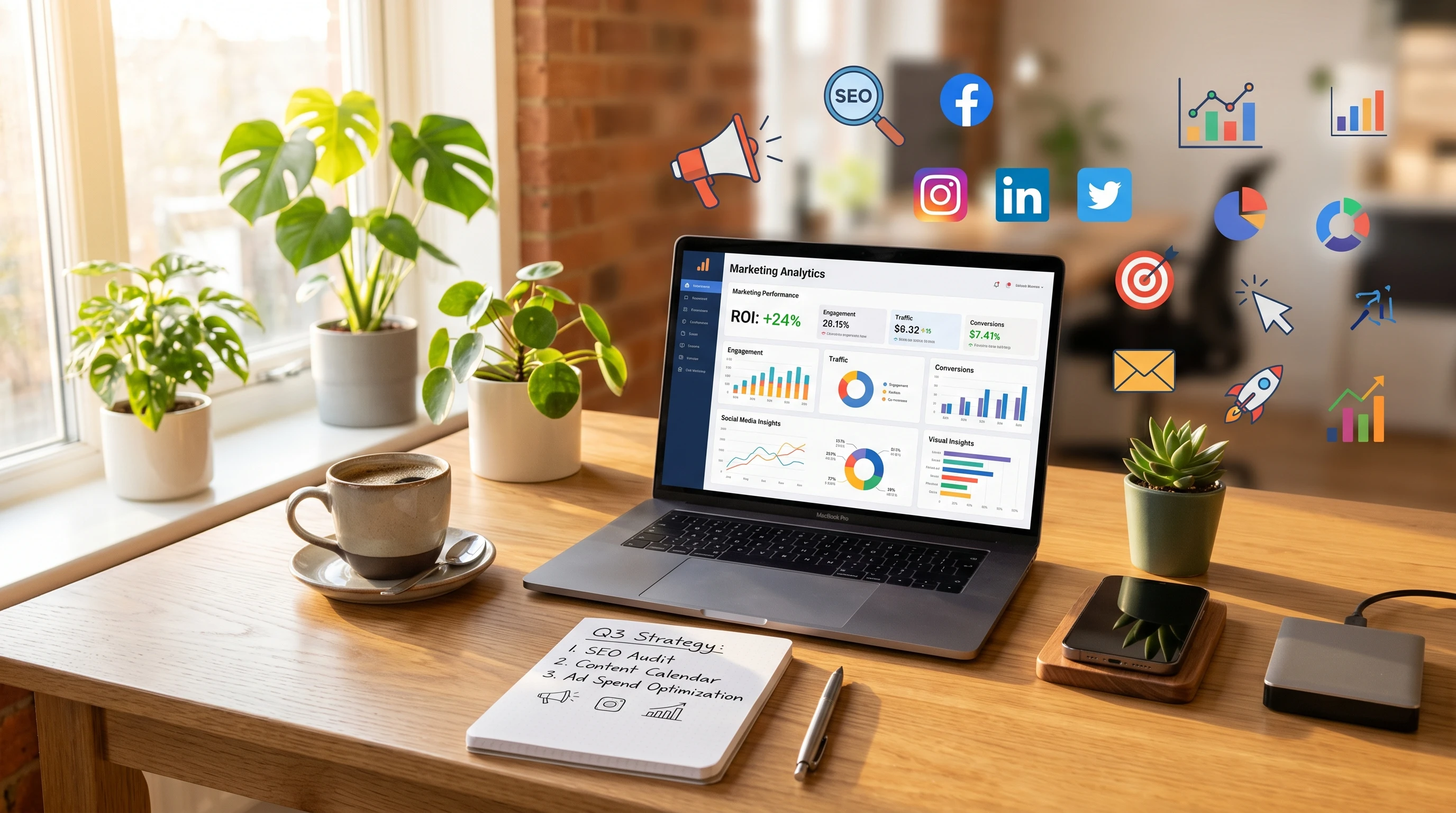 A laptop with marketing graphs, a cup of coffee, and a notebook on a tidy desk. Colors are vibrant and there's sunlight streaming in, giving the scene a productive feel.