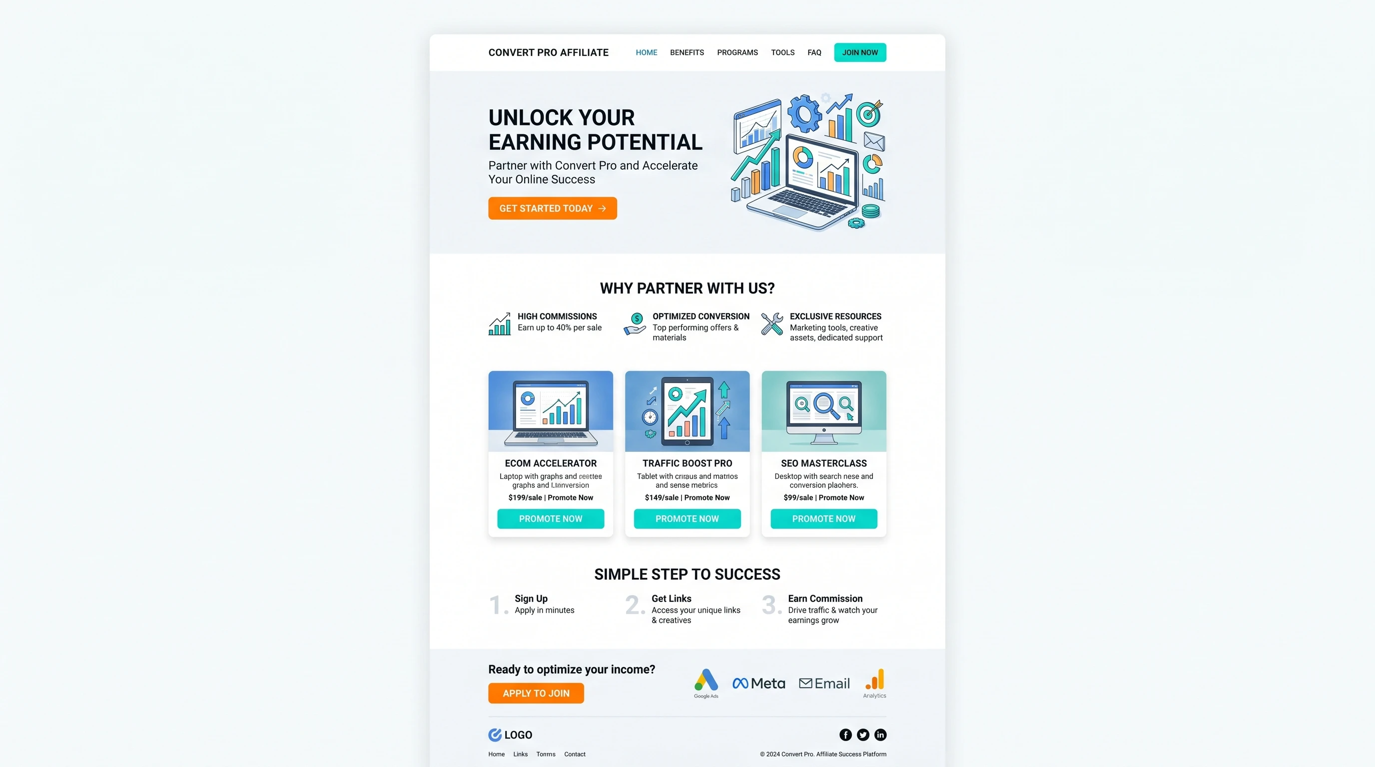 A clean, modern affiliate landing page design with bright call-to-action buttons, split testing elements, and product images.