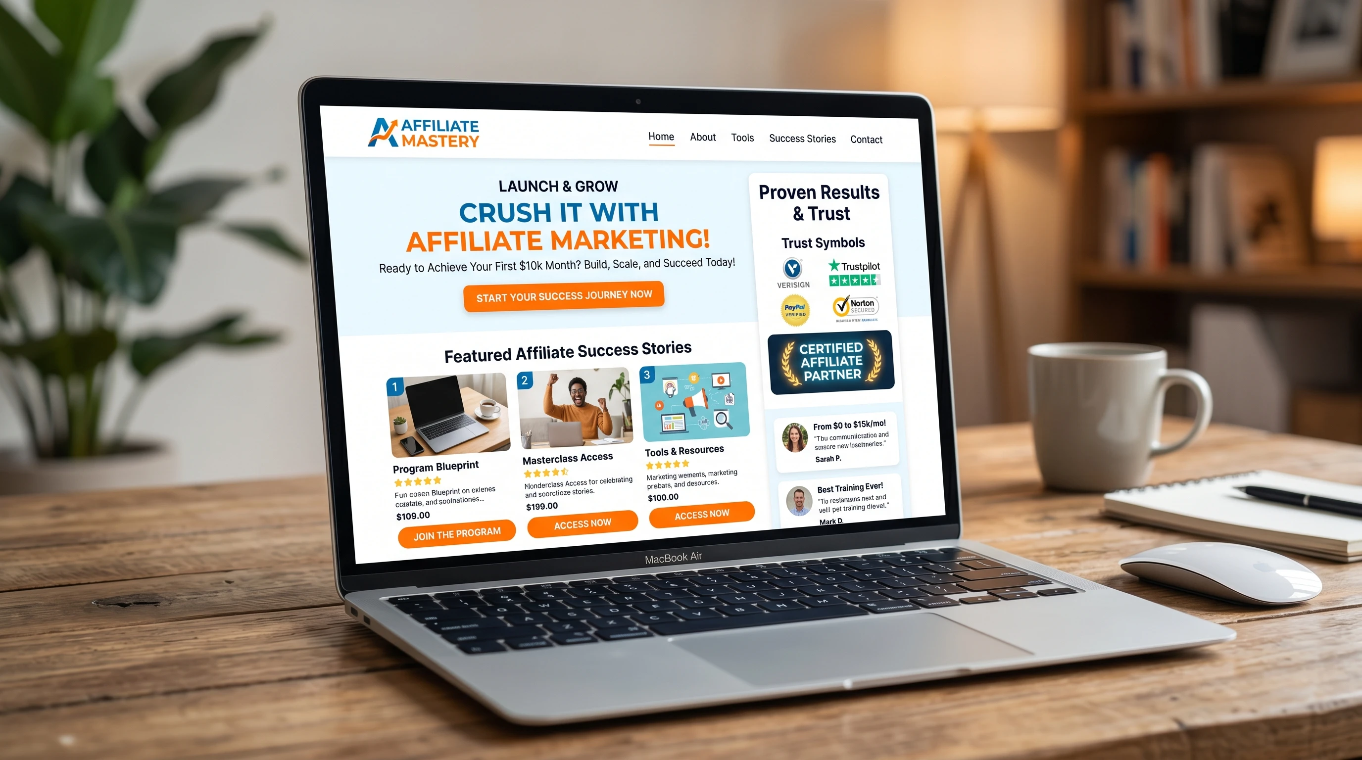 A clear, visually appealing landing page with product images, call-to-action buttons, and trust symbols. Background shows a laptop screen focused on affiliate marketing analytics.