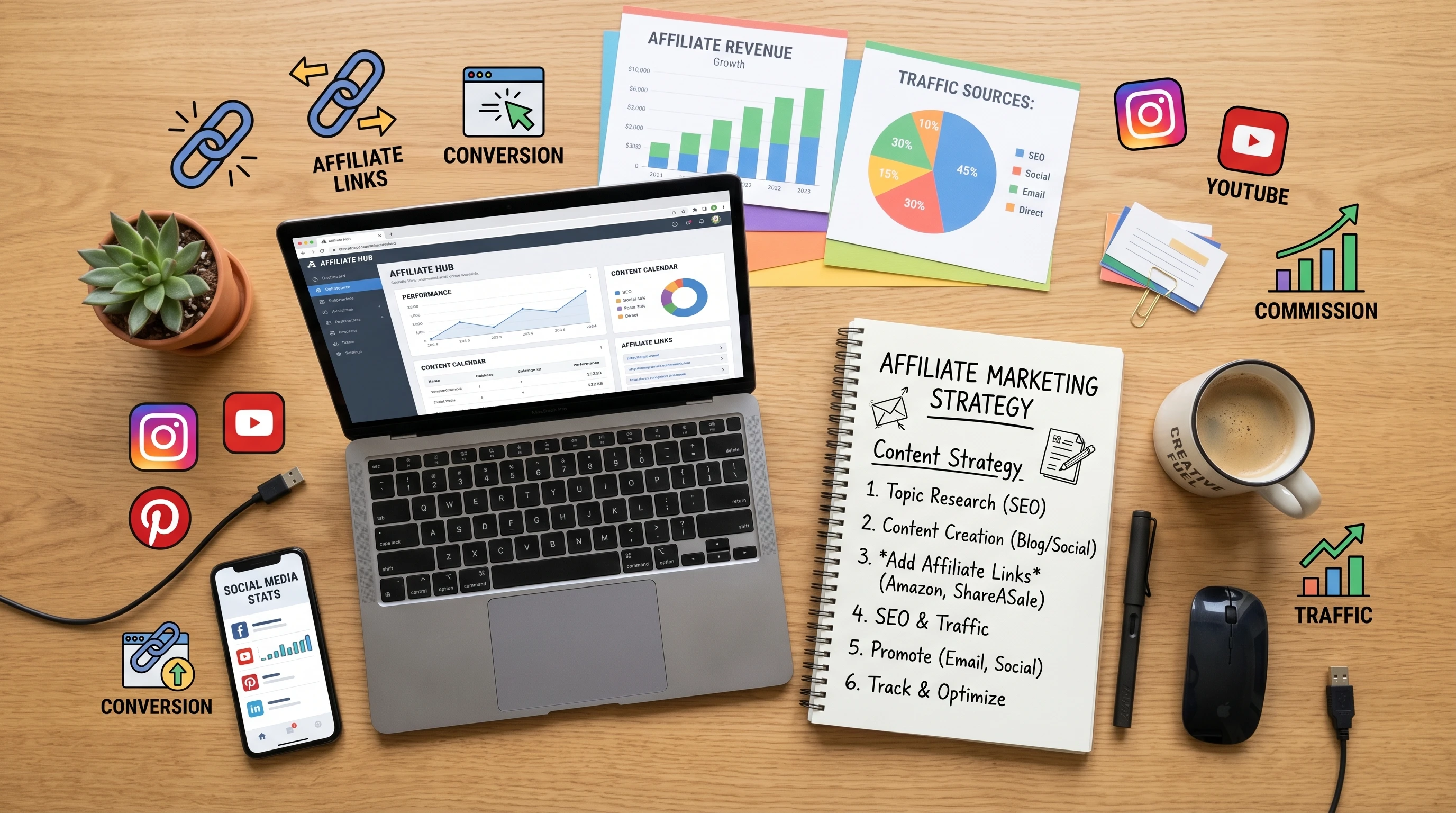 A flat lay of digital marketing elements: tablet with graphs, affiliate links, social media icons, and a spiral notebook on a wood desk.