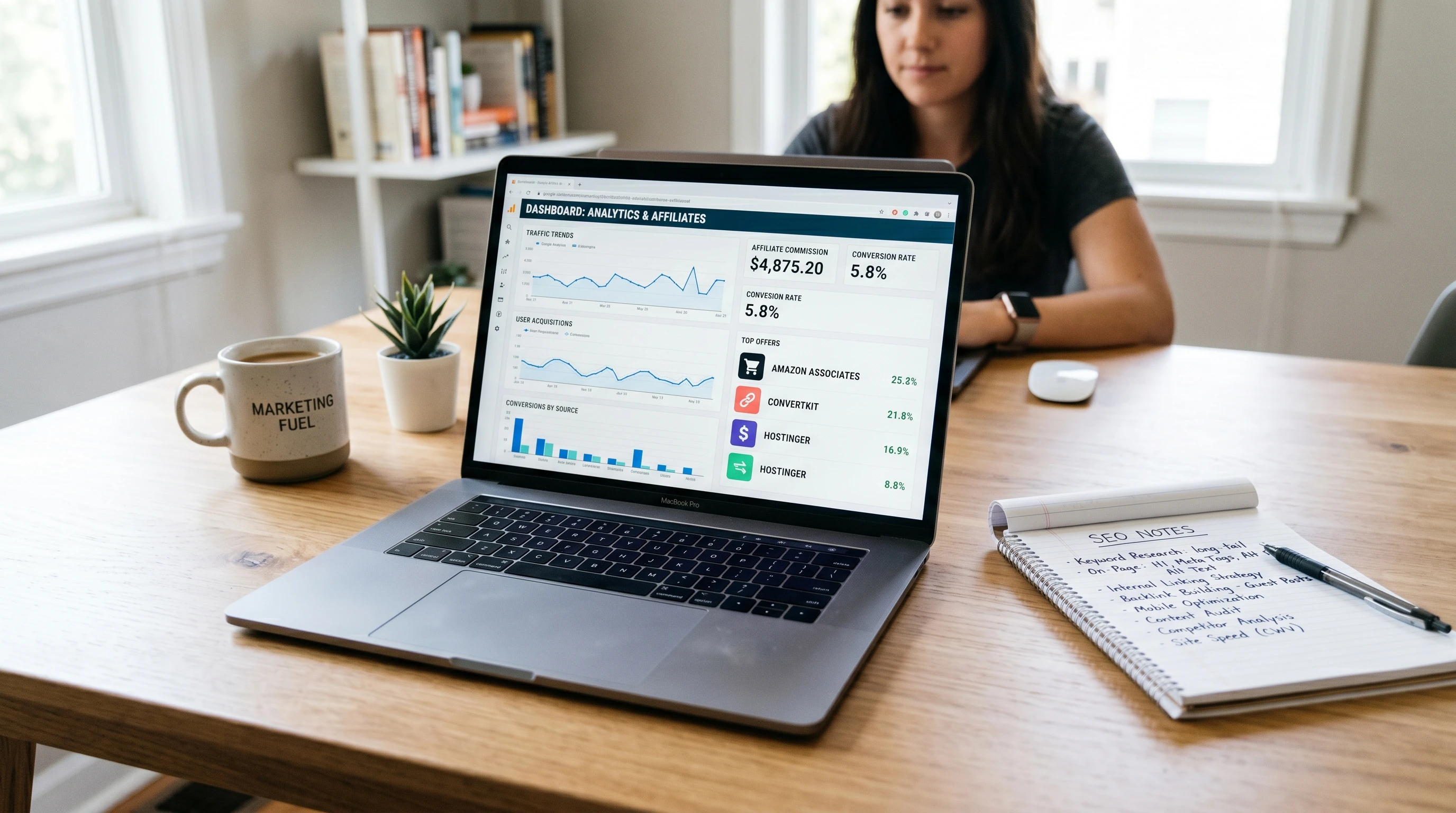 A laptop screen displaying website analytics graphs, affiliate marketing icons, and a notepad with SEO notes. Modern, bright, desktop scene.