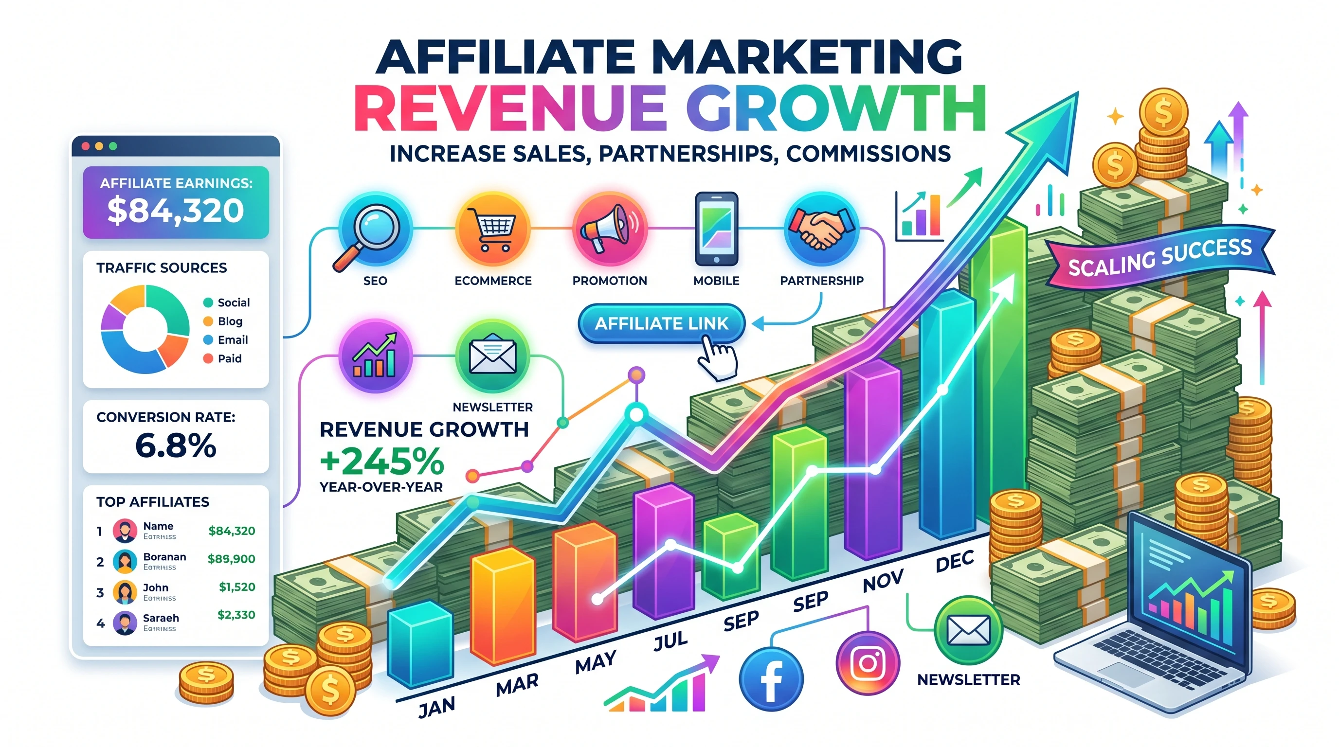 A visual concept of affiliate marketing revenue growth with graphs, money, and digital tools.