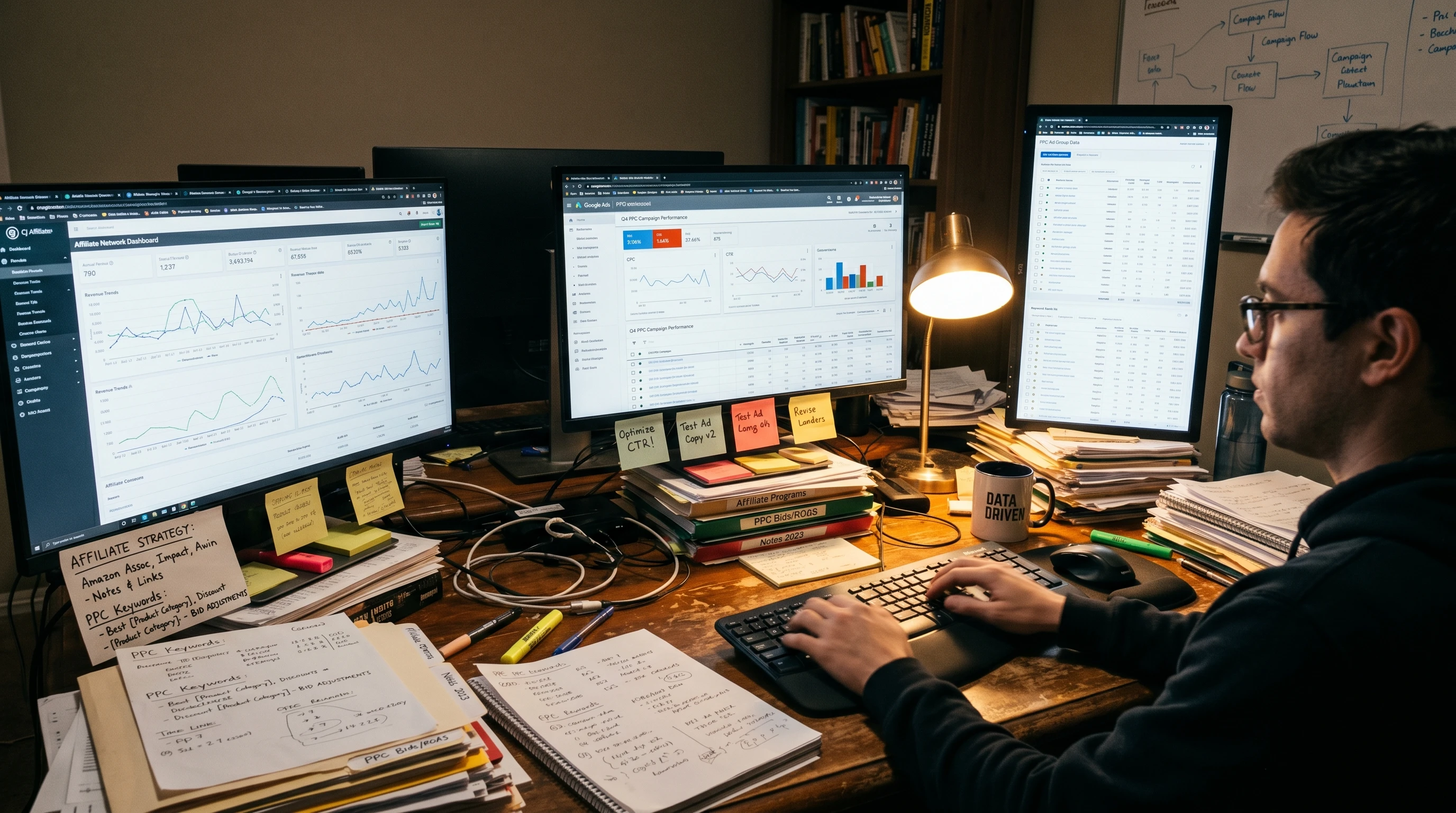 A cluttered digital workspace with data charts, PPC ad graphics, and stacks of affiliate campaign notes.