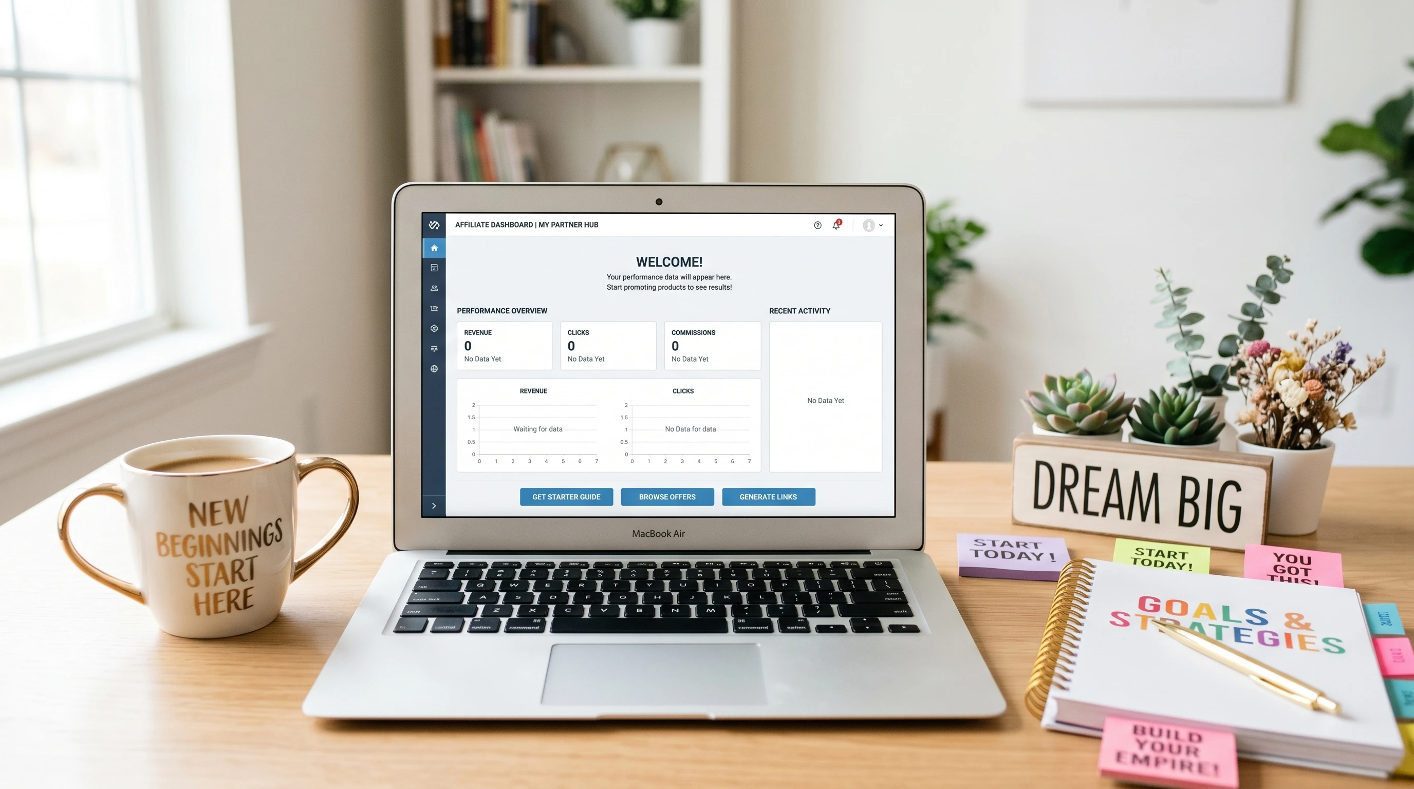 A blank affiliate dashboard with zero commissions, surrounded by motivational notes and sticky pads with strategy diagrams.