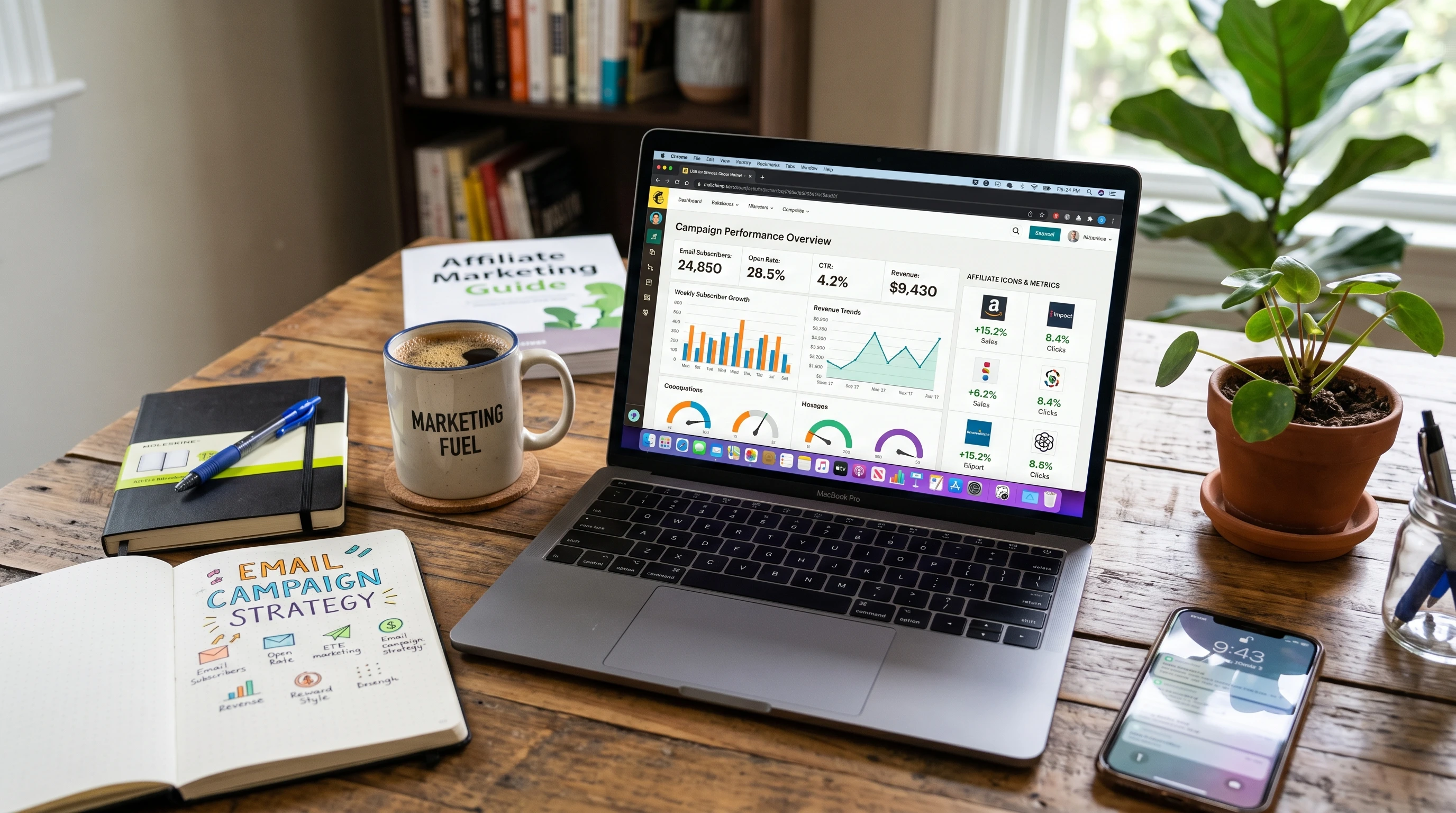 Email marketing workspace with colorful charts and devices