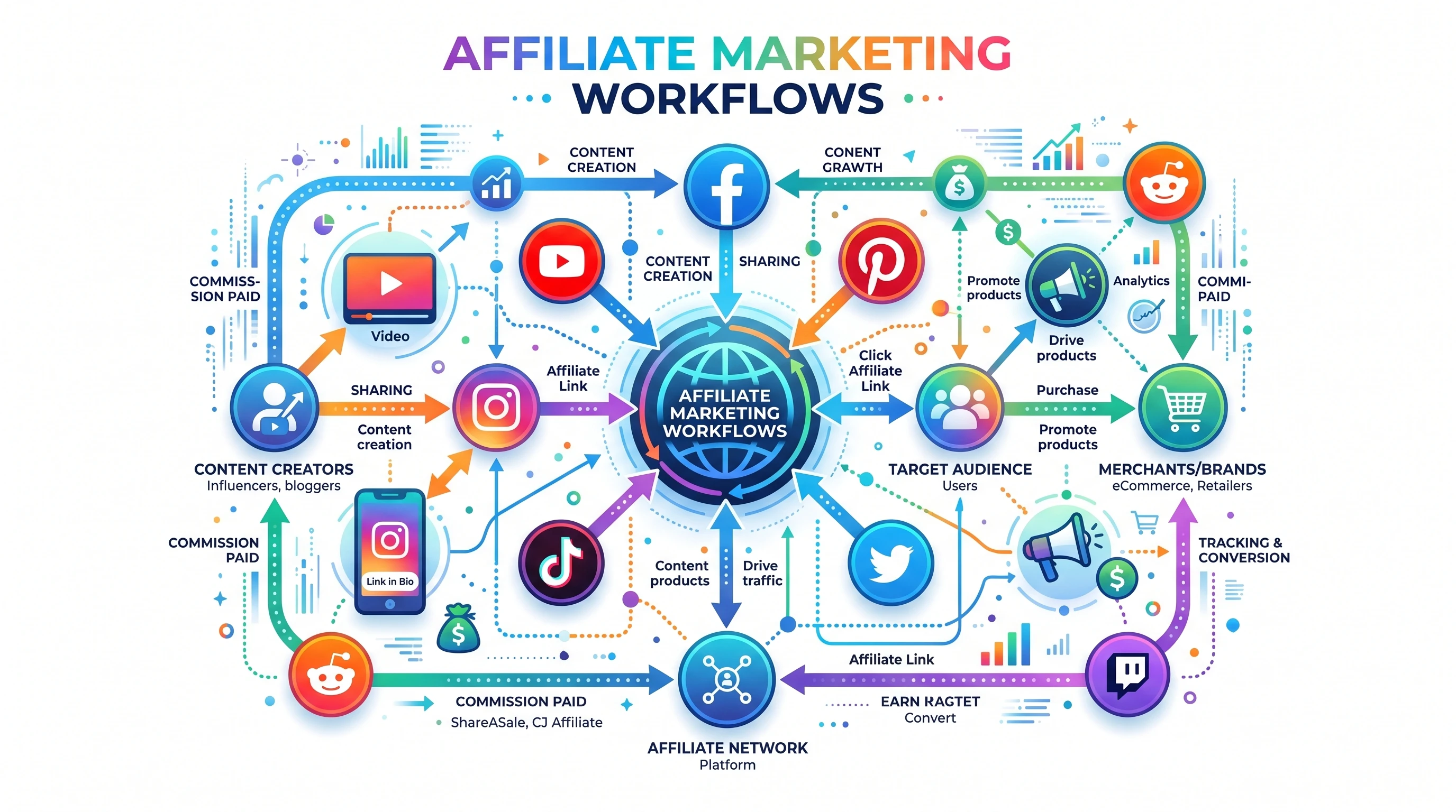 An arrangement of various digital marketing and social media icons with affiliate links graph connections, styled in a clean and modern way