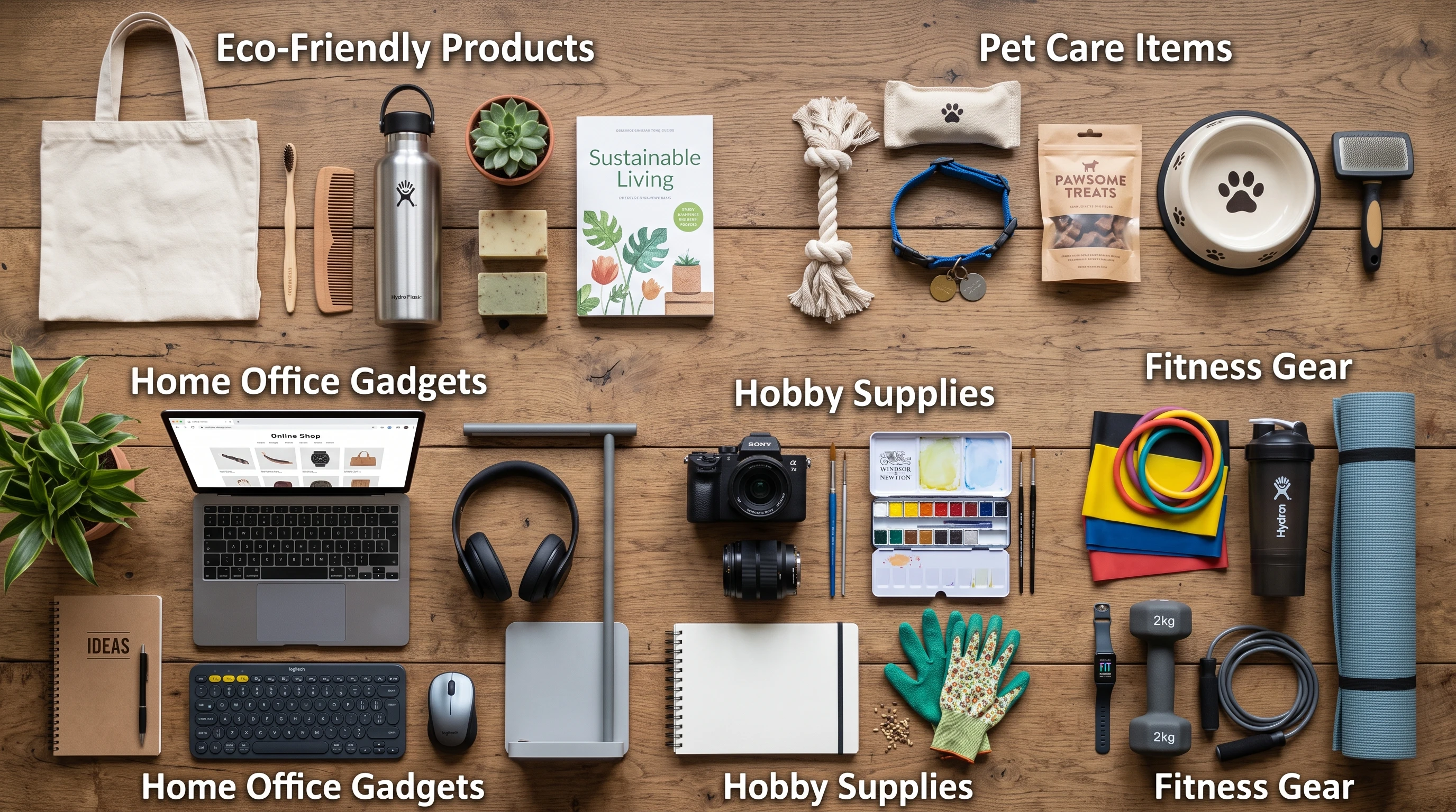 Hand-drawn icons of topics like finance, travel, technology, cooking, pets, and fashion on a wooden background, representing different niche ideas.