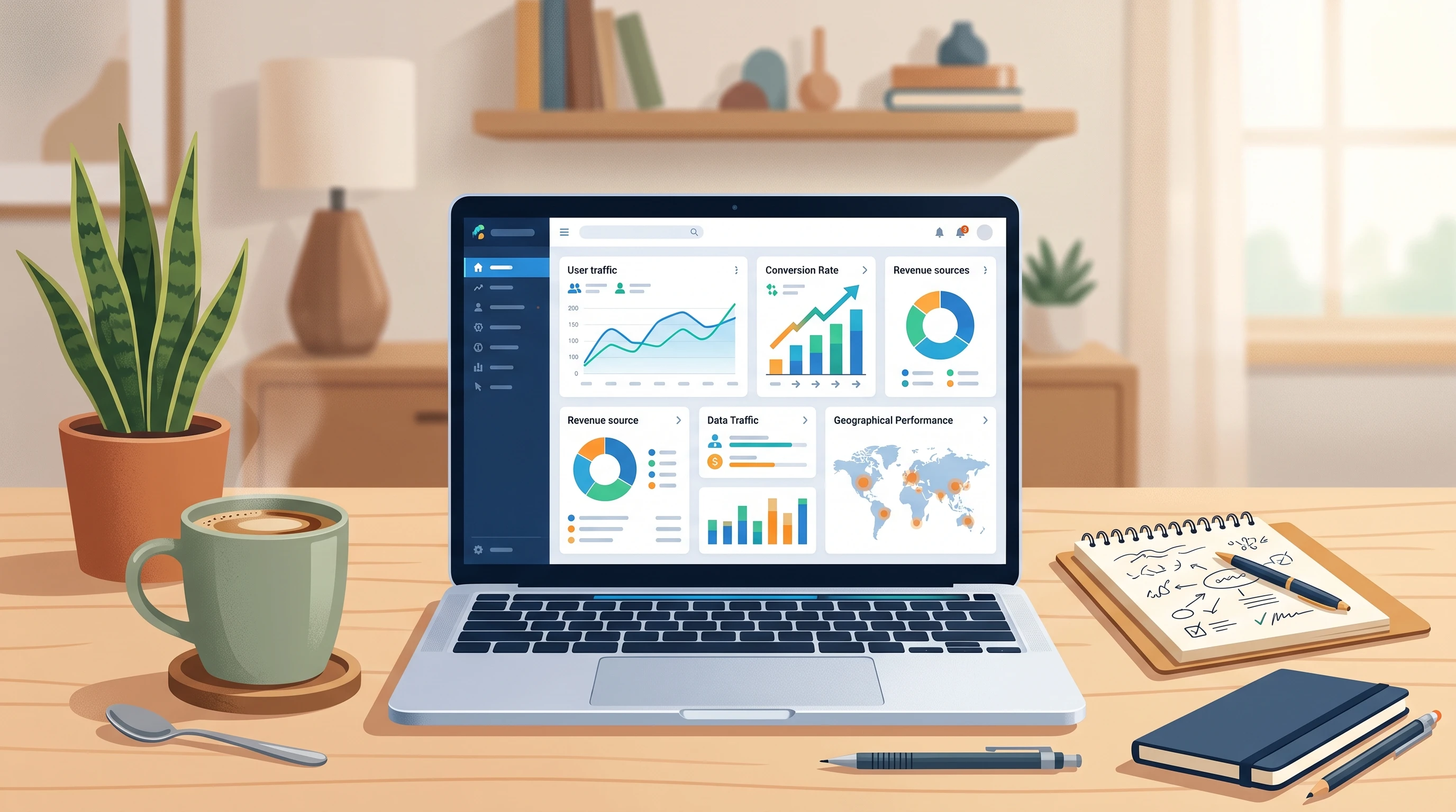 A laptop displaying affiliate marketing analytics dashboard, surrounded by notepads and coffee mug
