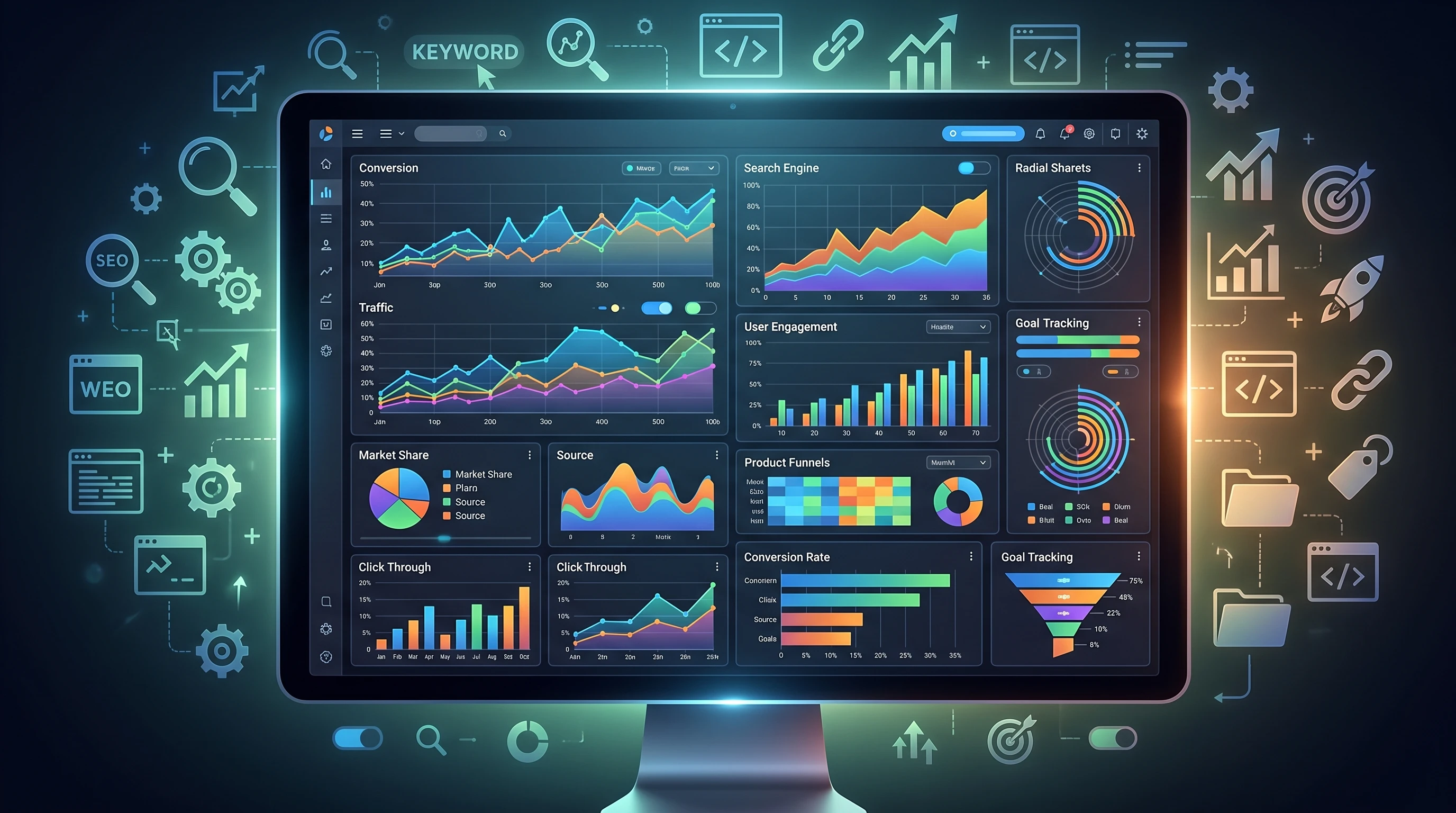 Affiliate marketing dashboard showing analytics charts and conversion optimization tools