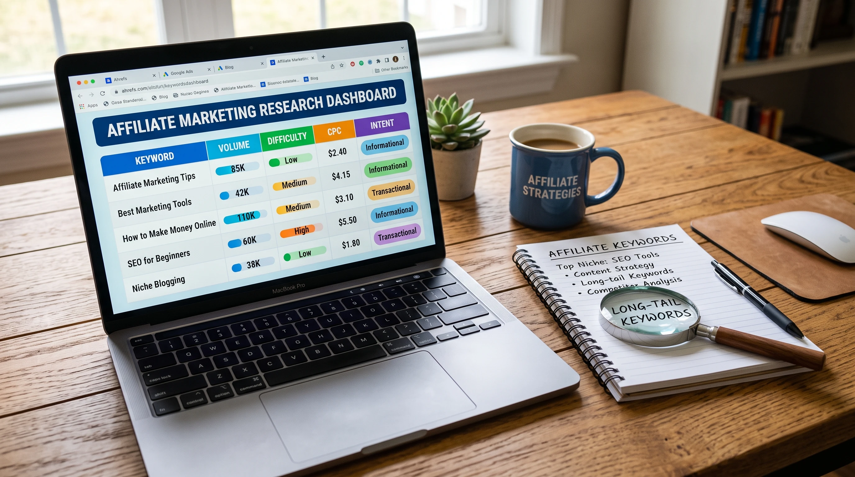 Colorful digital keywords chart and magnifying glass on a desk with a laptop and notepad, representing affiliate marketing keyword research.