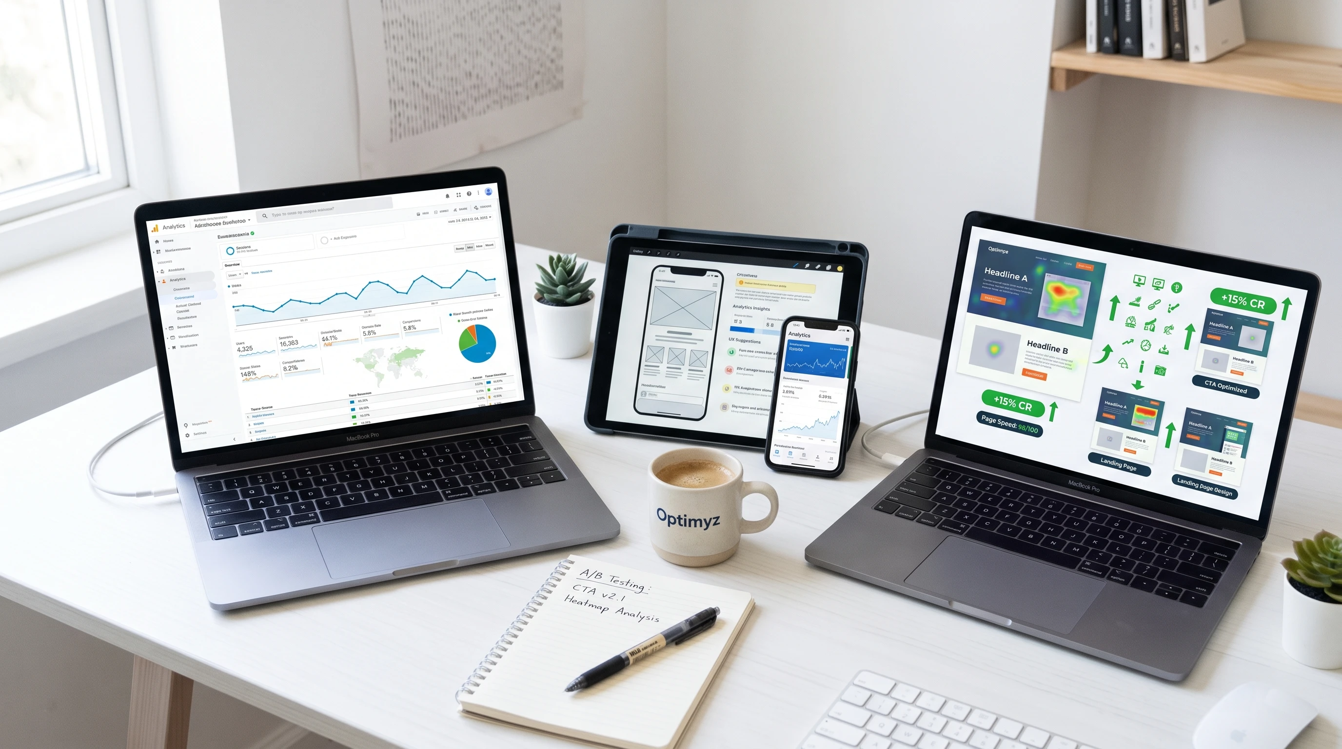 Affiliate marketing concept showing website analytics and optimization tools on a digital tablet, with colorful graphs and charts.