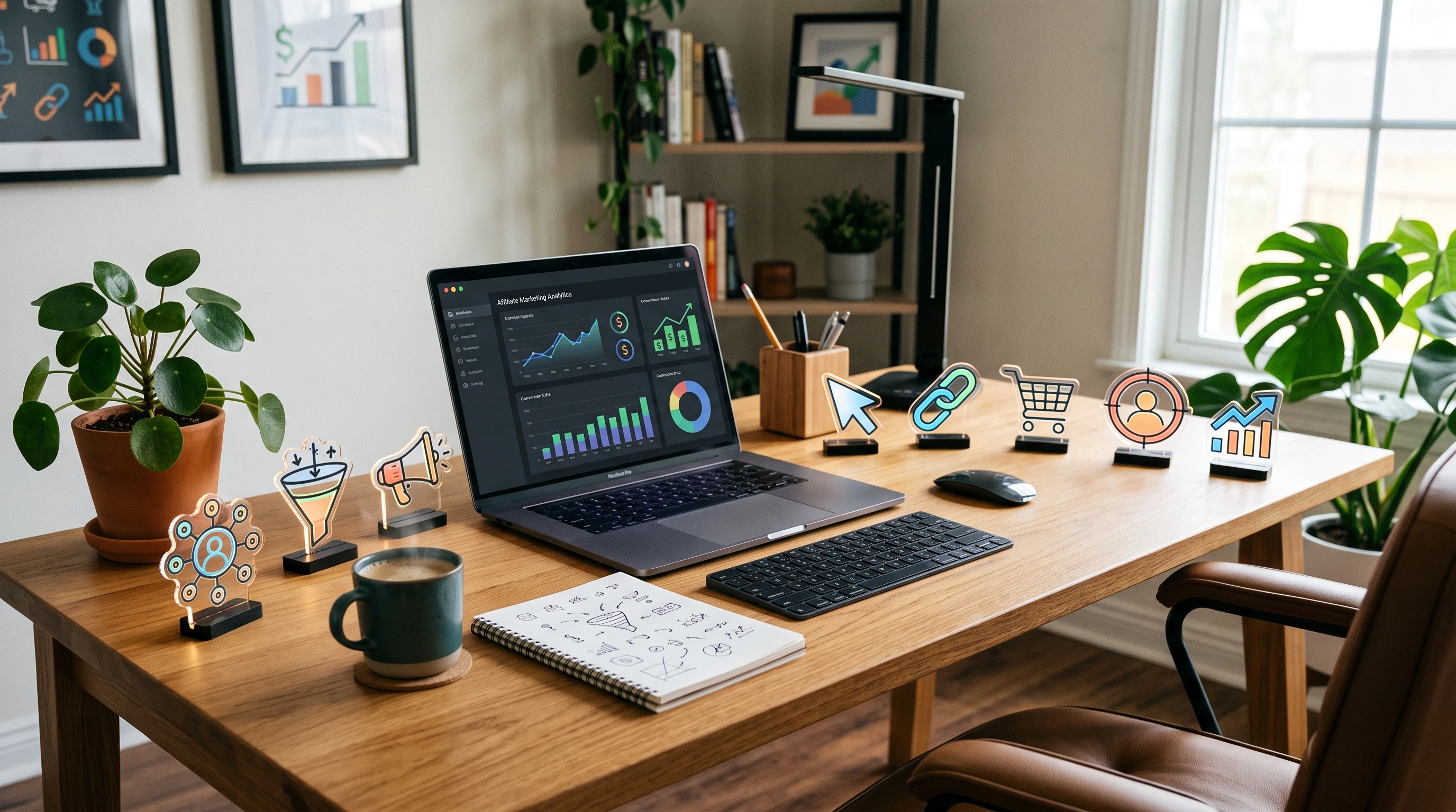 An open laptop, notepad, and digital marketing icons on a wooden desk