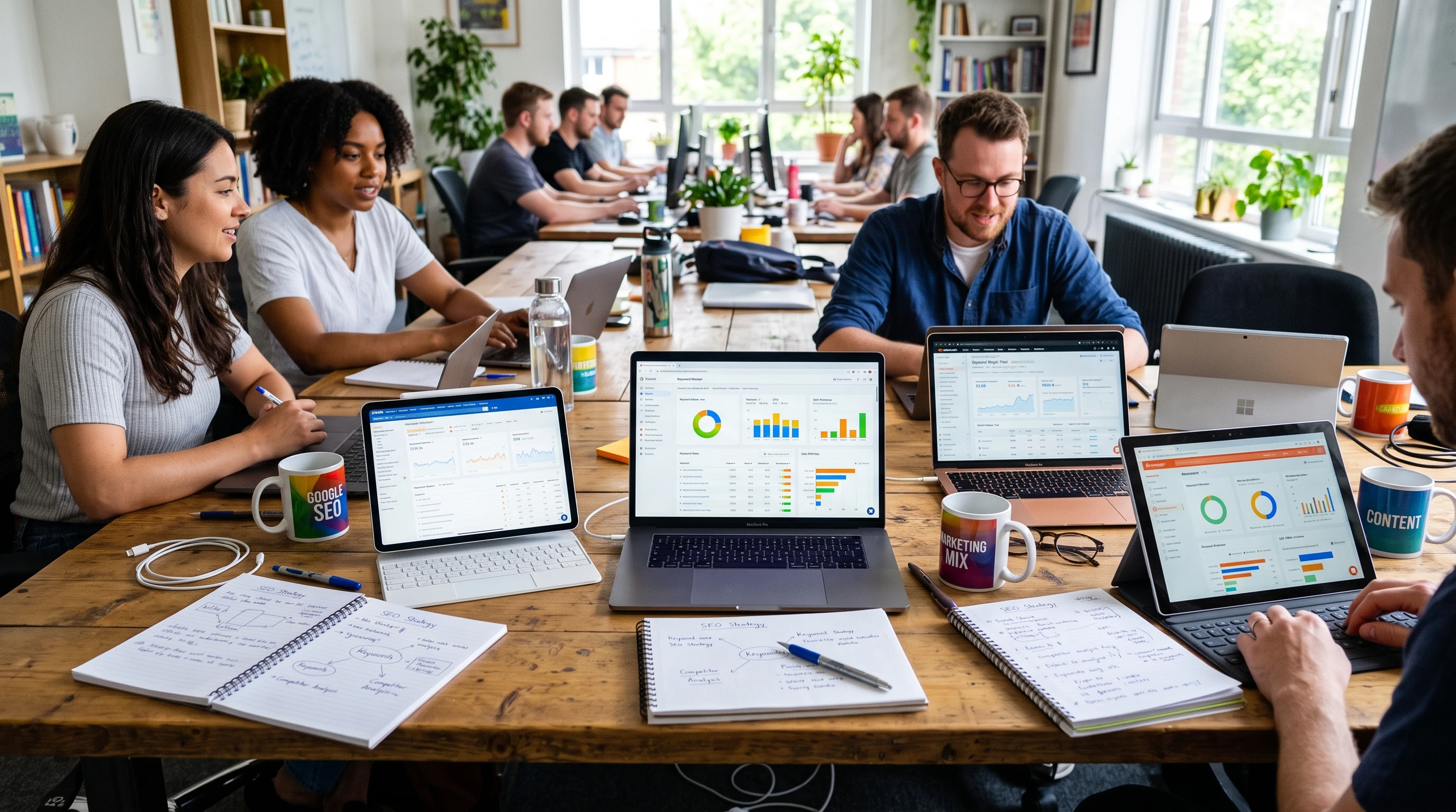 A collection of open laptops and digital tablets displaying various colorful keyword research tool dashboards, surrounded by notepads and coffee mugs on a brightly lit workspace