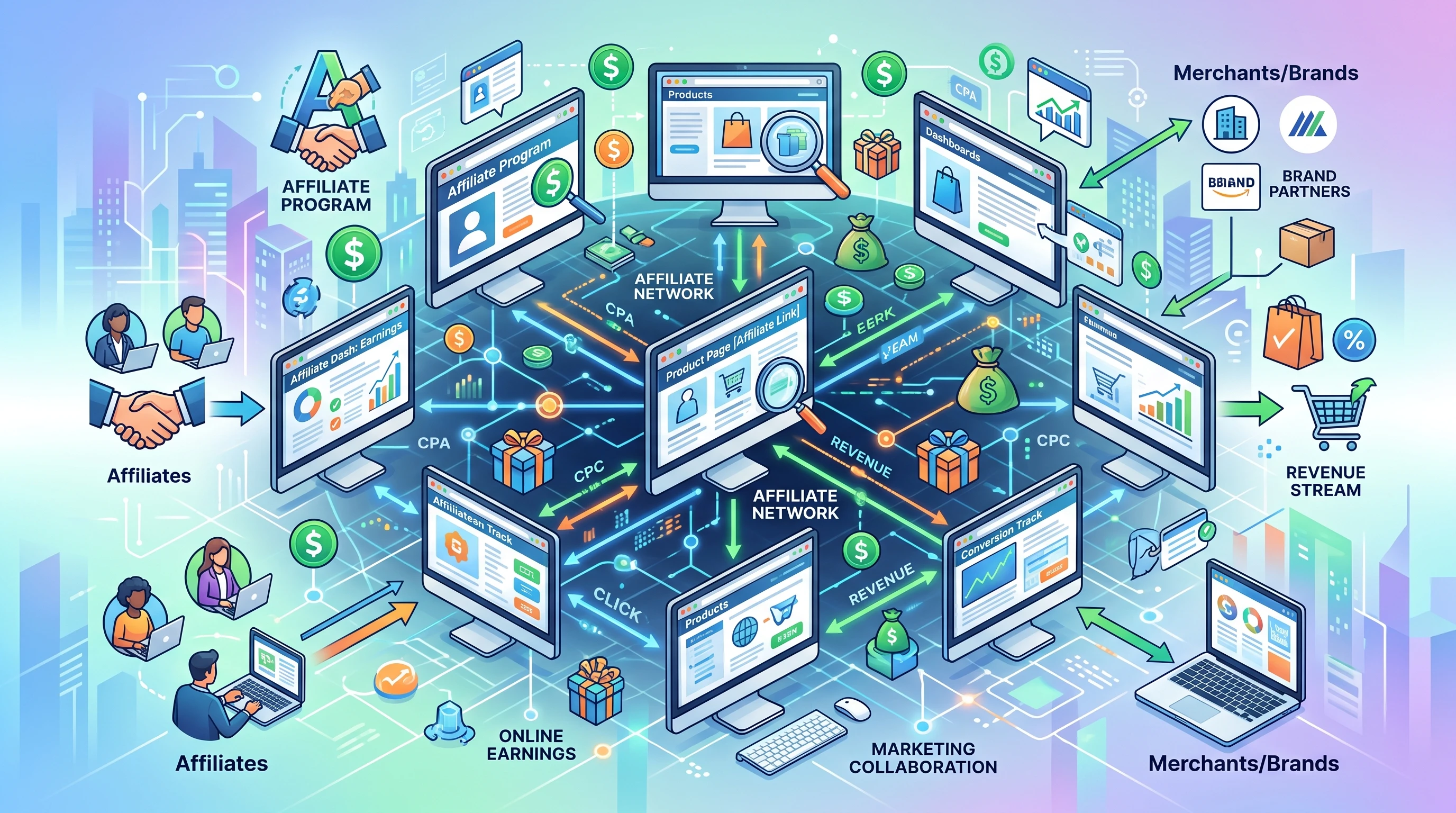 A collage of digital marketing elements, network icons, and online earnings graphics.