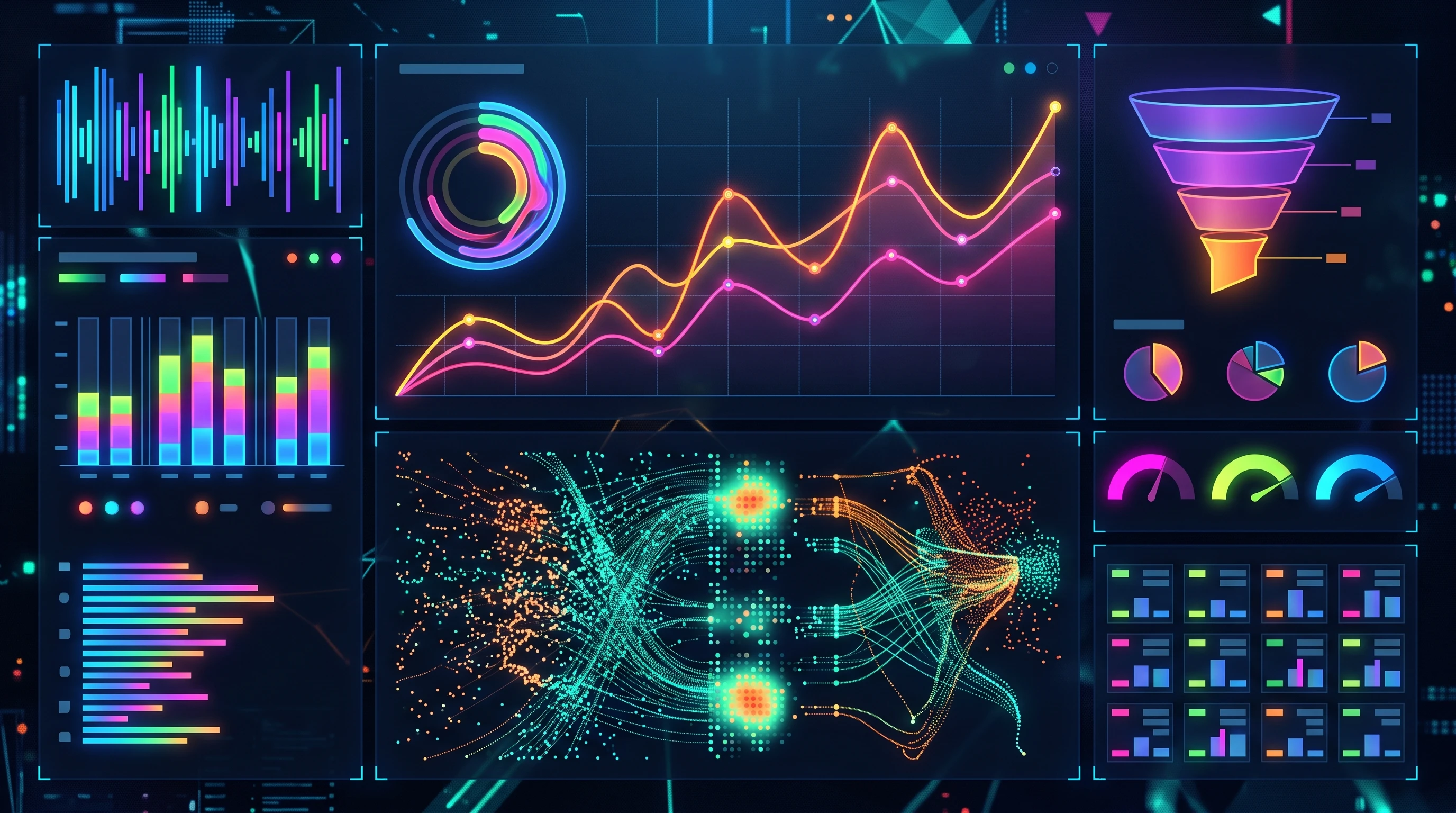Abstract dashboard showing analytics graphs, clicks, and conversion rates