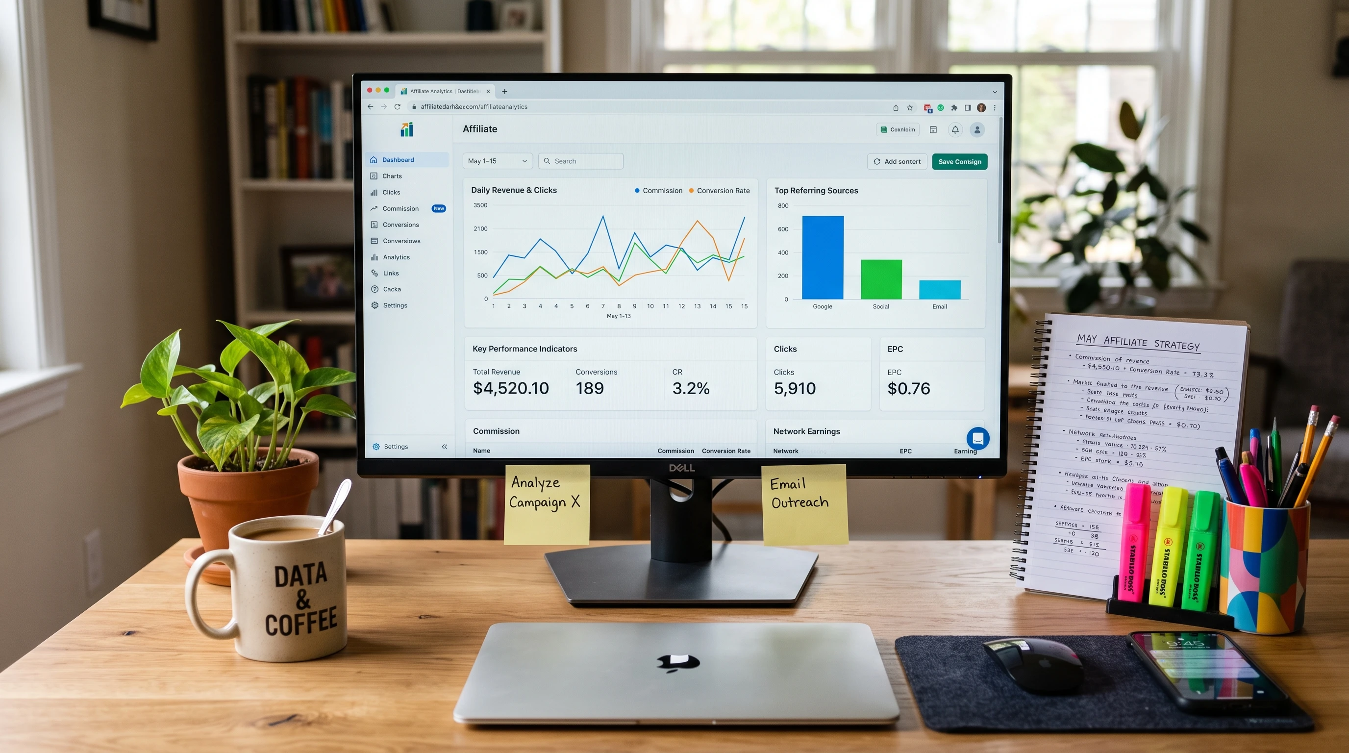 A computer screen displaying affiliate analytics and charts, surrounded by notes, coffee mug, and colorful office supplies on a tidy desk