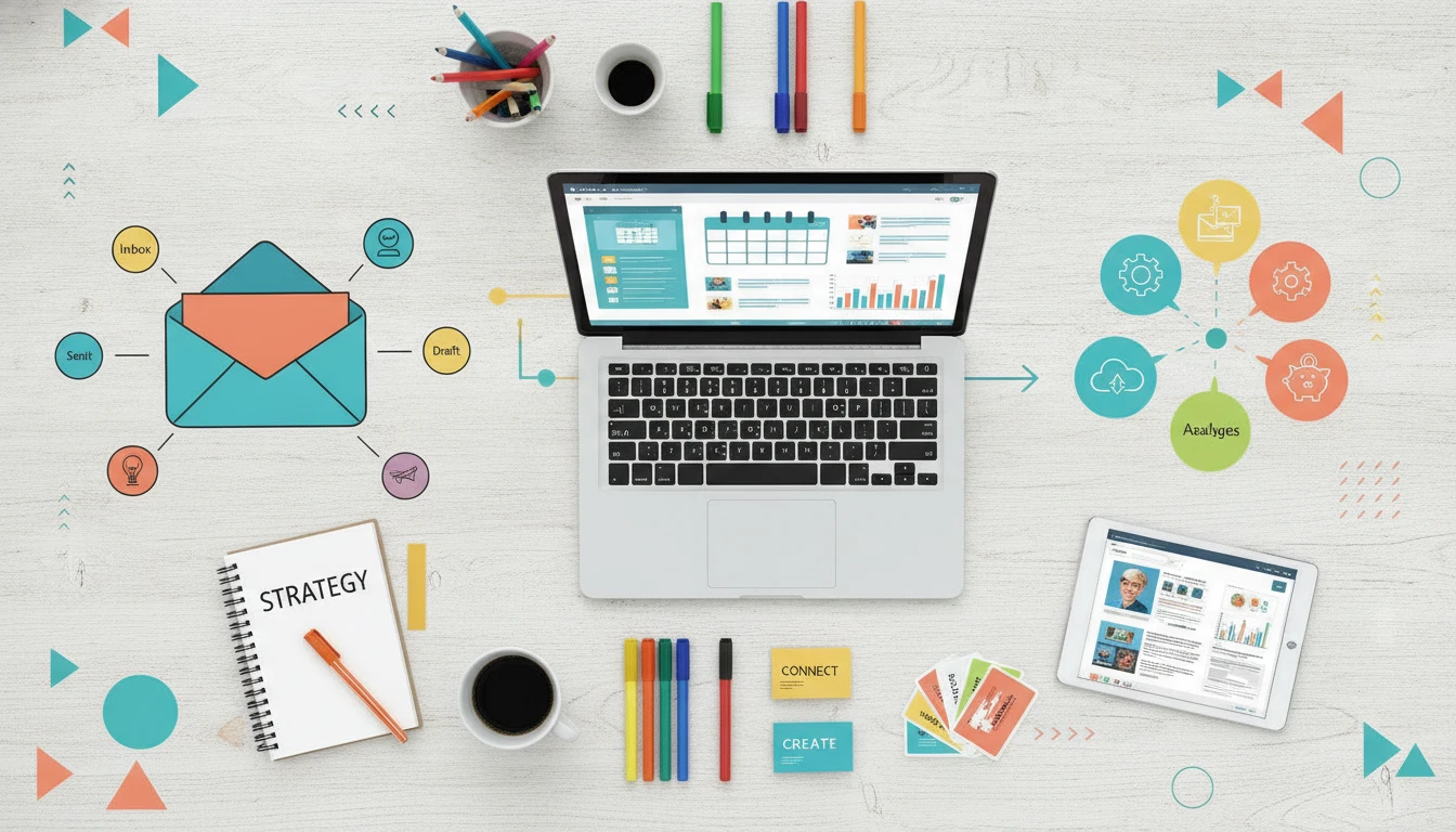 A vibrant flat lay workspace with a laptop, email icons, and marketing materials, evoking digital marketing and resource planning.