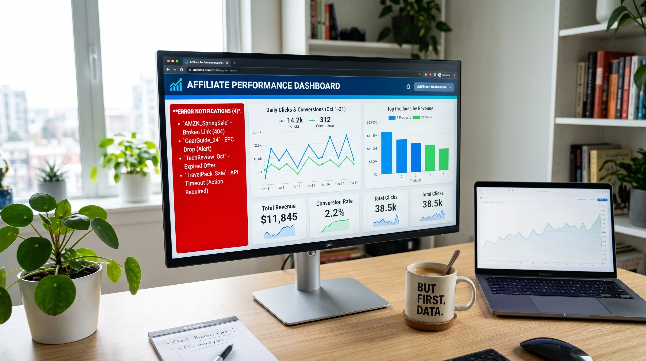 Affiliate link analytics dashboard screenshot with charts and graphs
