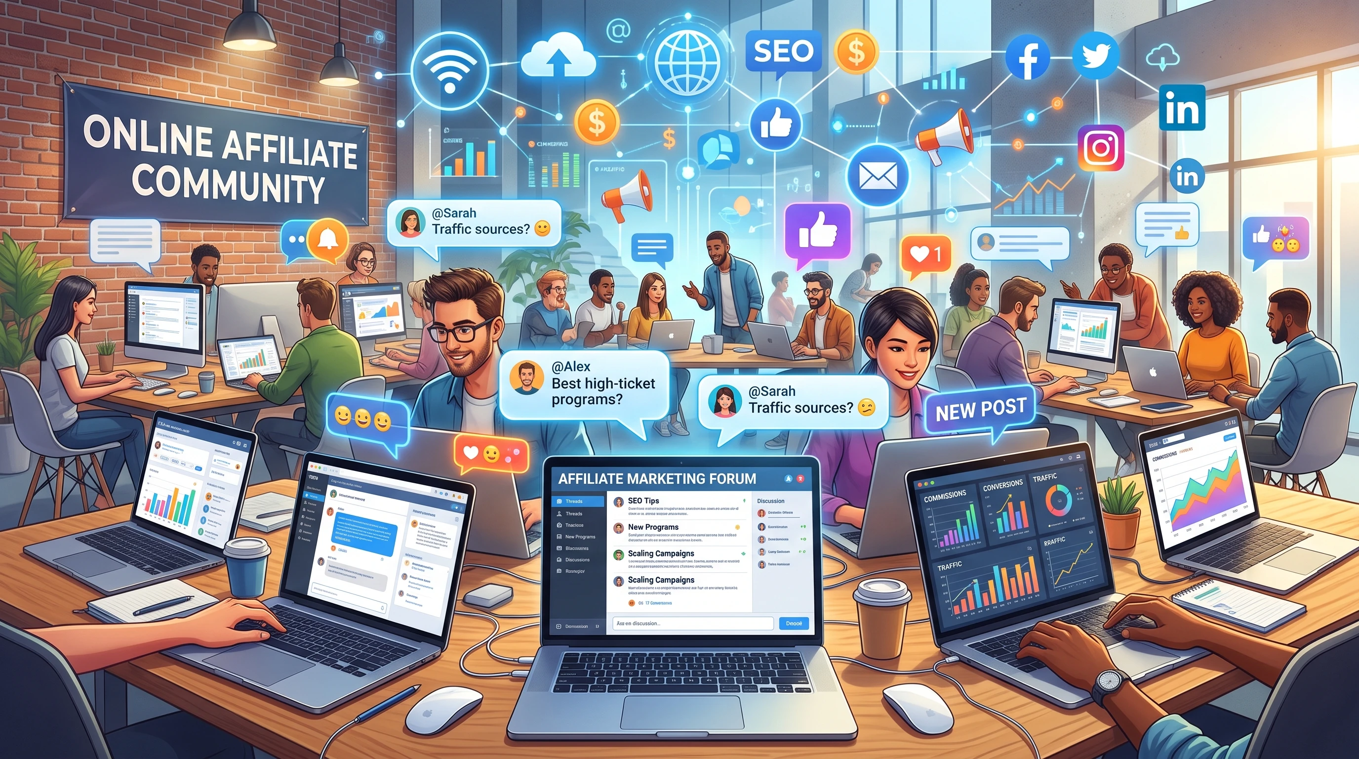 A digital workspace showing a vibrant affiliate marketing online community and discussion boards