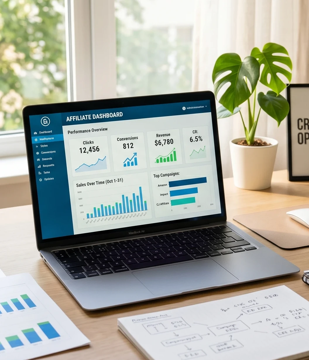 A laptop showing affiliate marketing analytics with notes and coffee on the side