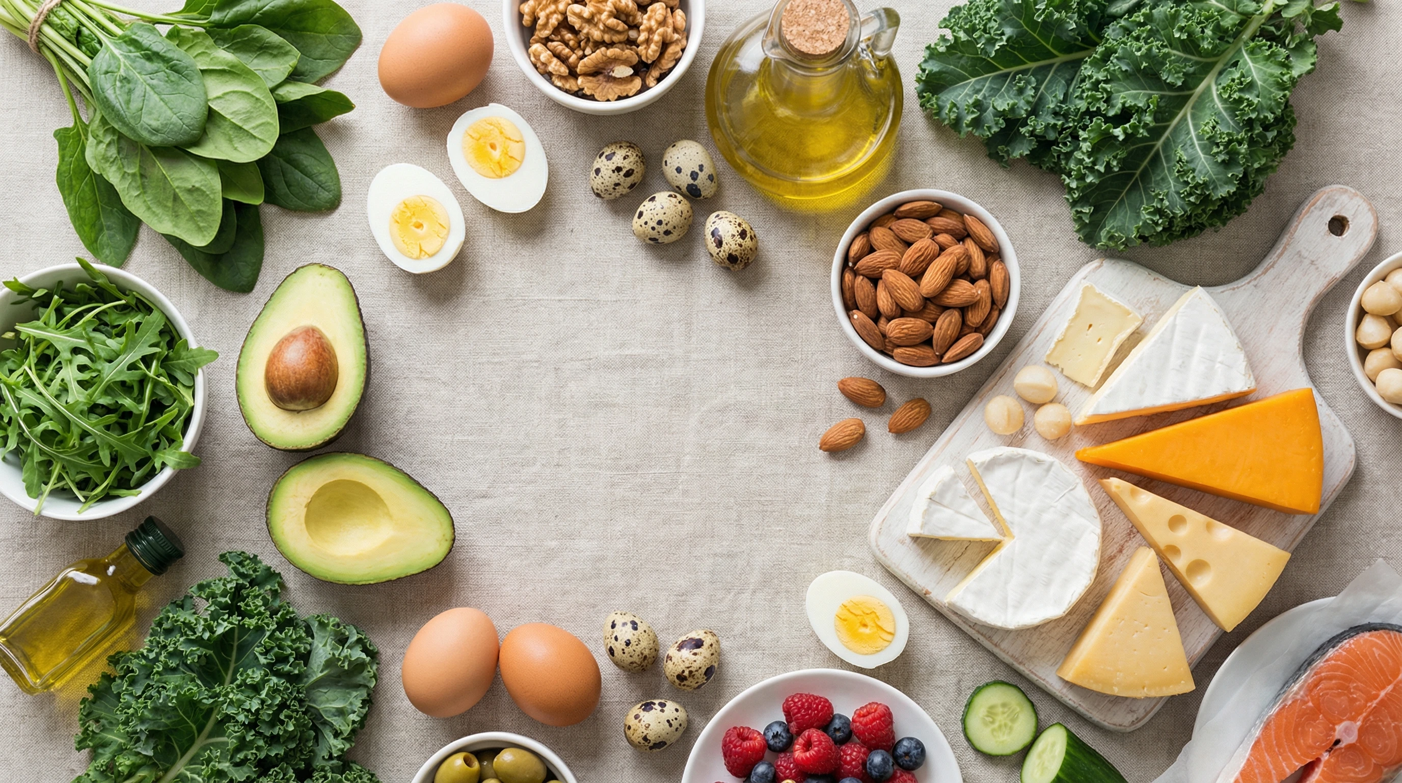 assorted keto foods including eggs, avocado, nuts, oils, and leafy green vegetables