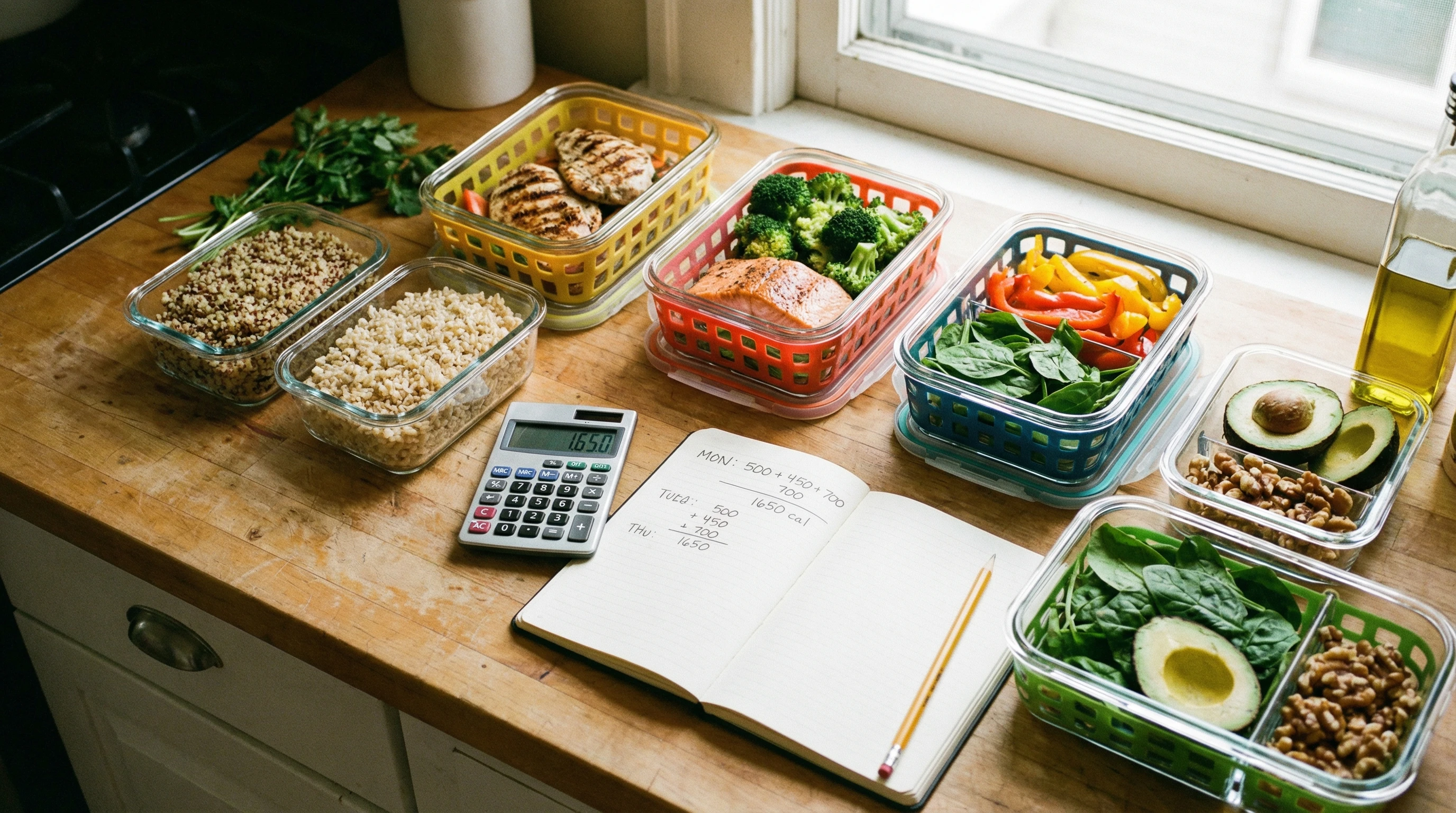 Colorful meal prep with macro-friendly ingredients: grains, lean protein, vegetables, and healthy fats displayed neatly on a kitchen counter next to a notepad and calculator.