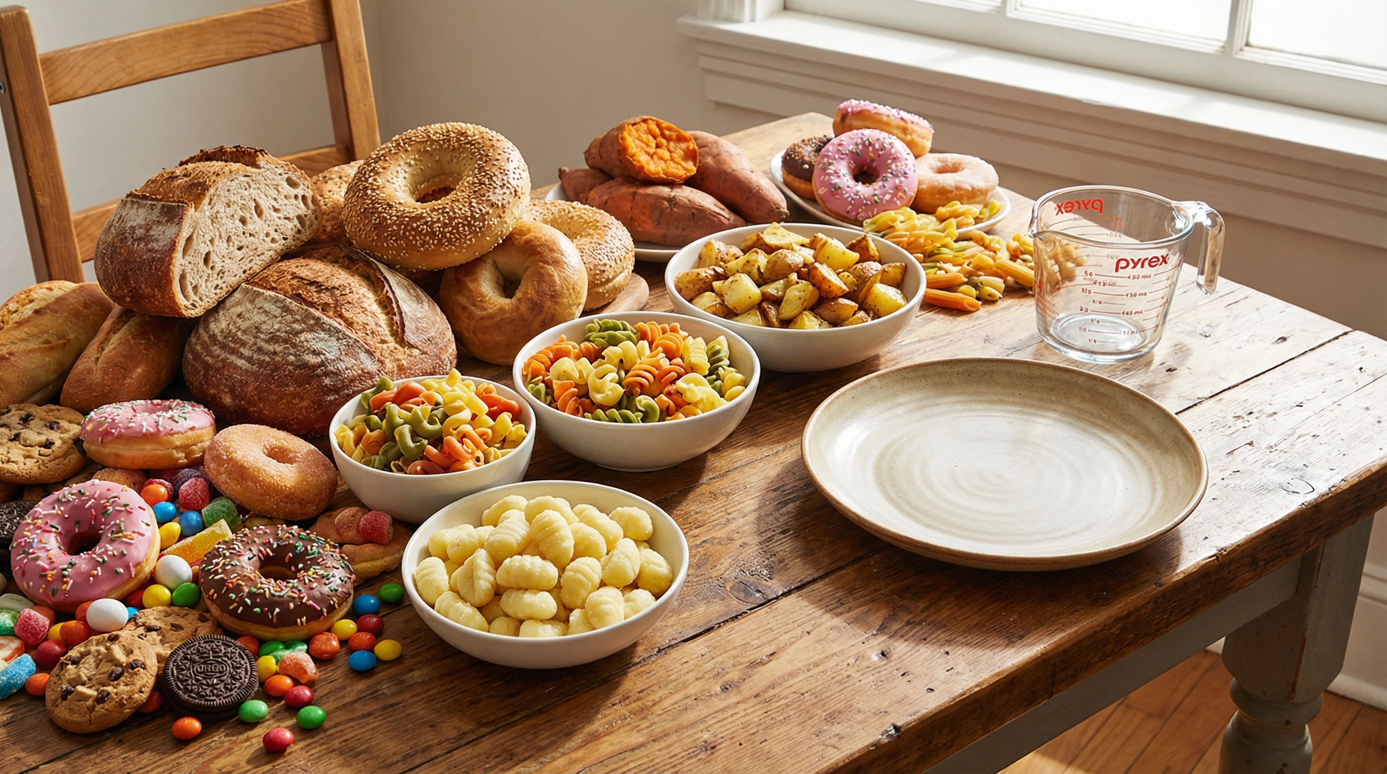 A colorful assortment of carb-rich foods such as bread, pasta, potatoes, and sugary snacks on a wooden table, next to an empty plate and measuring cup.