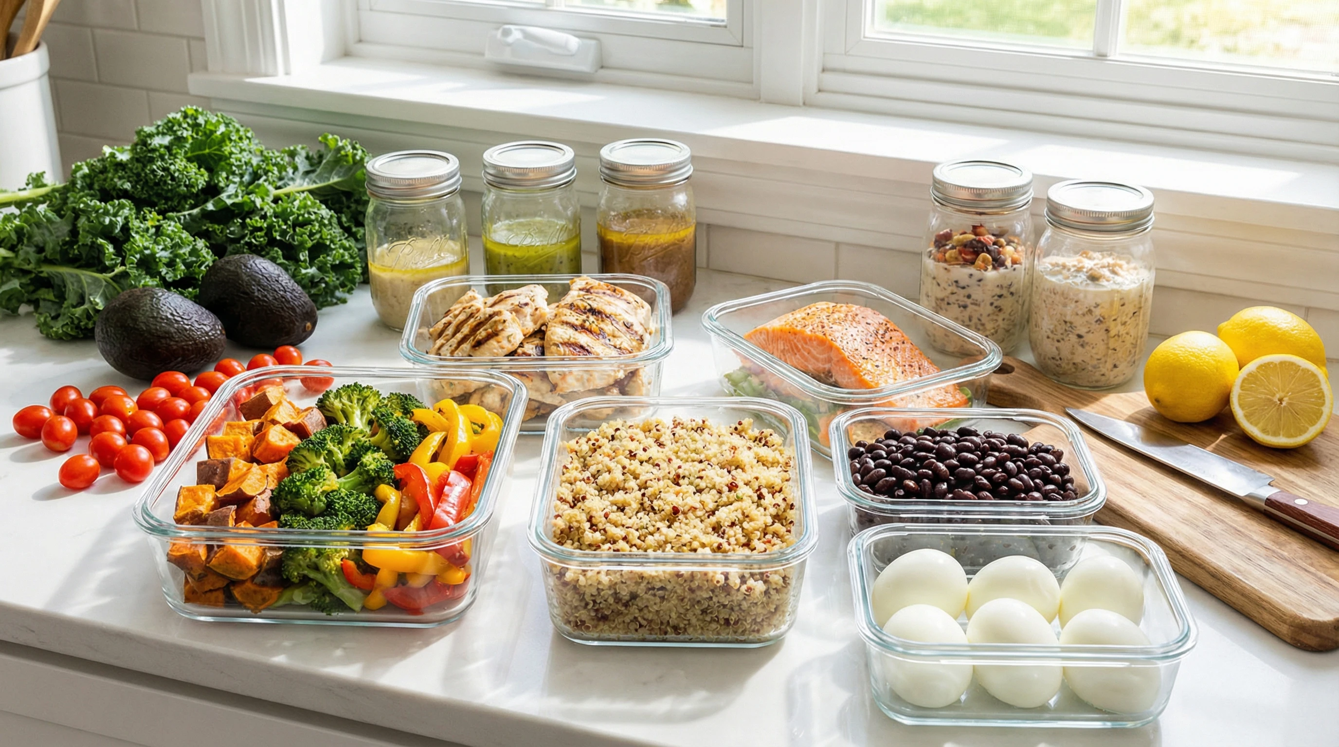 Colorful meal prep containers filled with vegetables, grains, and protein sources on a wooden kitchen counter, surrounded by mason jars and fresh produce.
