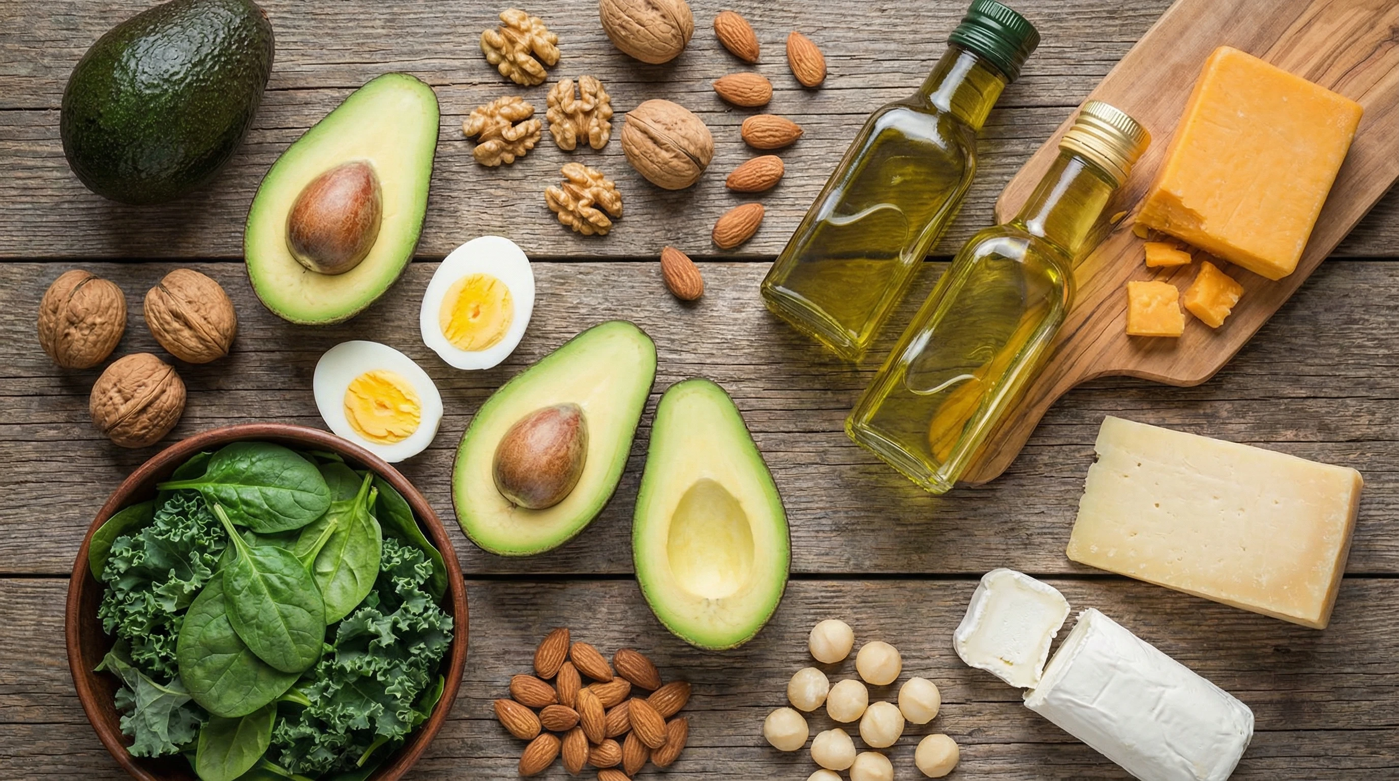 An assortment of keto-friendly foods laid out on a table, including avocados, nuts, cheese, eggs, and a bottle of olive oil.
